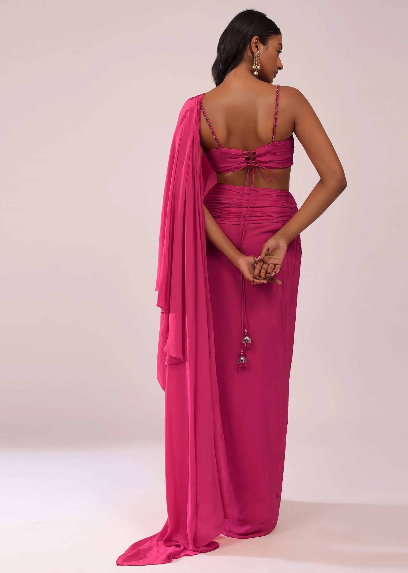 Rani Pink Crepe Drape Saree And Blouse With Crystal Detailing On the Strap - Image 6