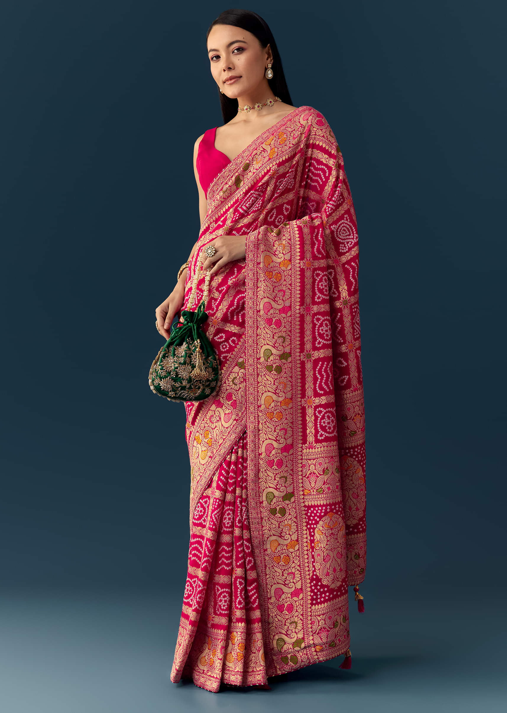 Rani Pink Dola Silk Bandhani Woven Saree with Unstitched Blouse - Image 3