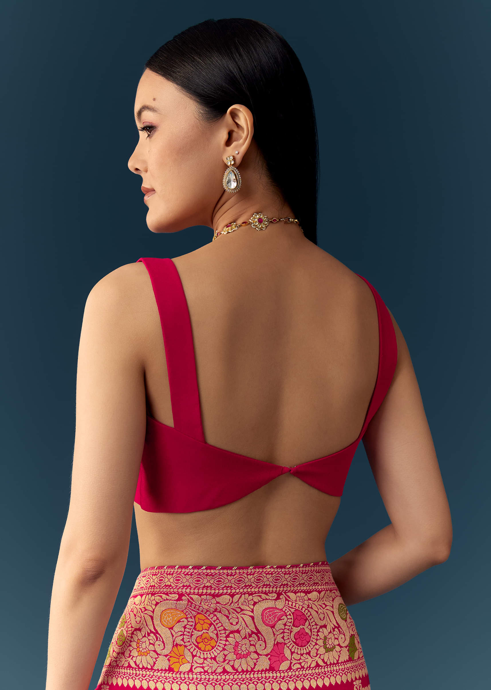 Rani Pink Dola Silk Bandhani Woven Saree with Unstitched Blouse - Image 8