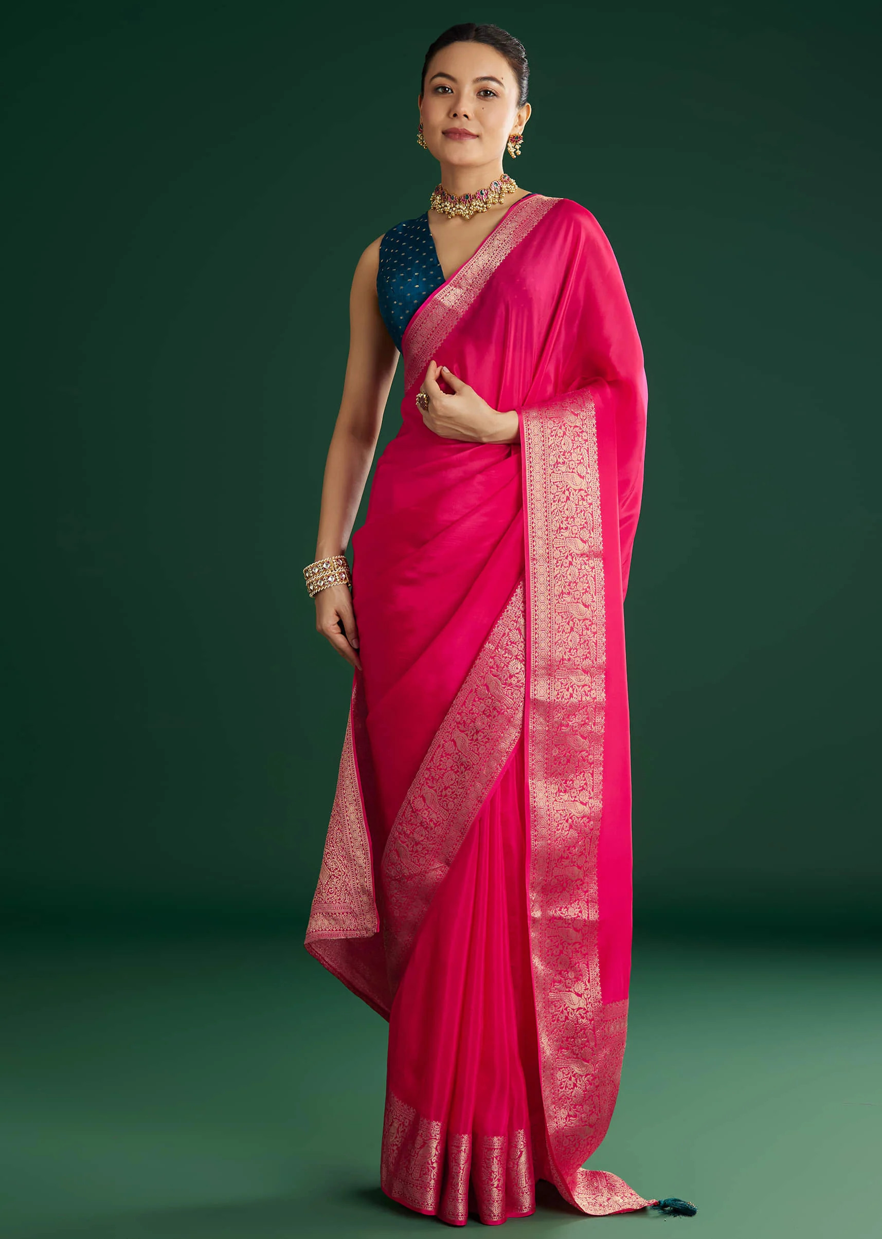 Rani Pink Dola Silk Saree With Woven Border And Pallu - Image 5