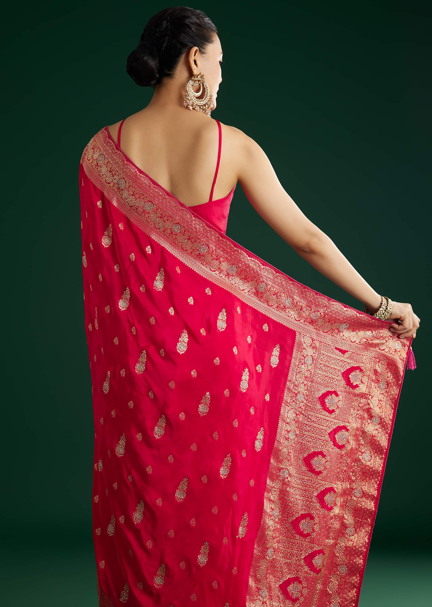 Rani Pink Dola Silk Saree With Zari And Stone Embellishments - Image 4