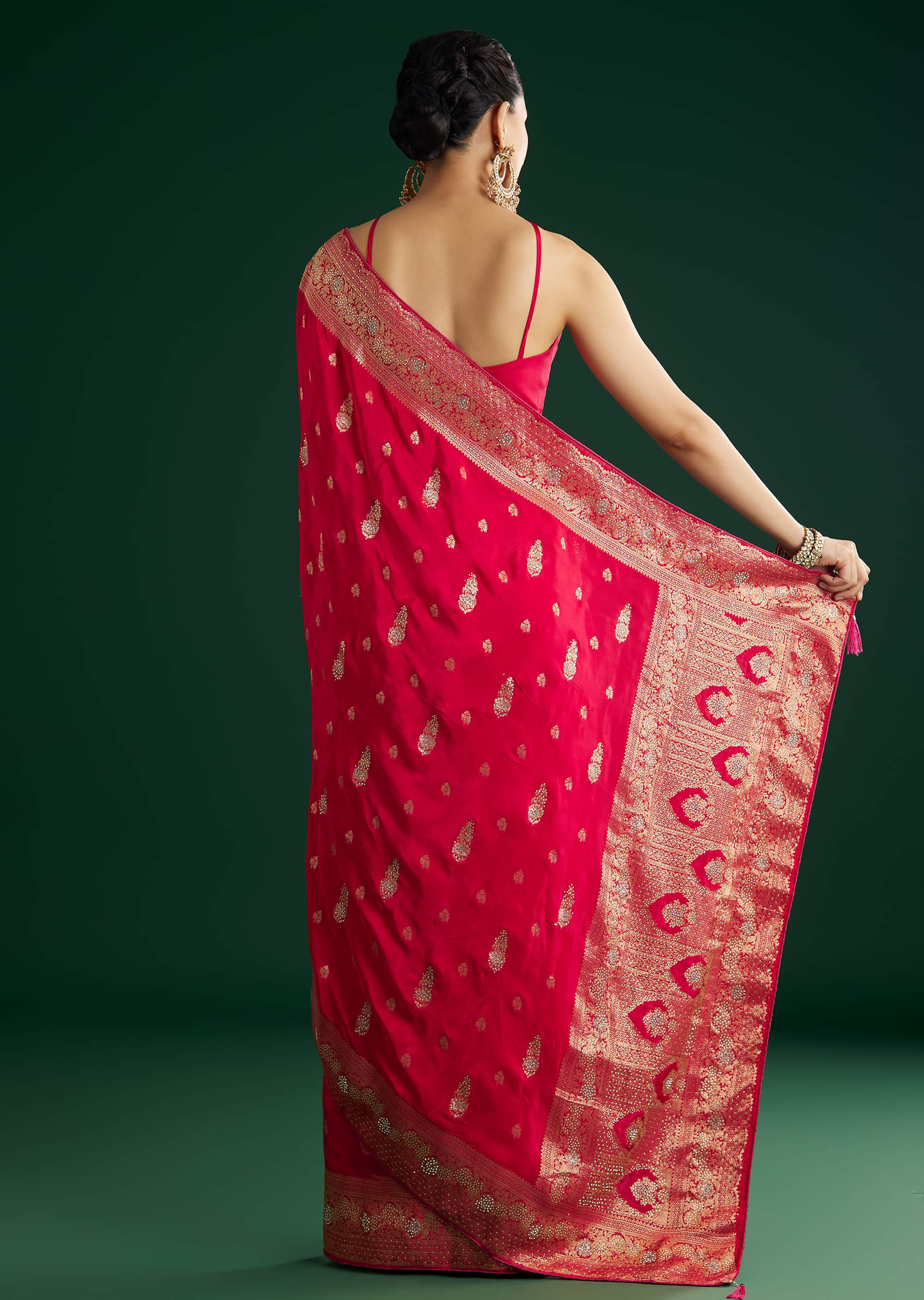 Rani Pink Dola Silk Saree With Zari And Stone Embellishments - Image 6