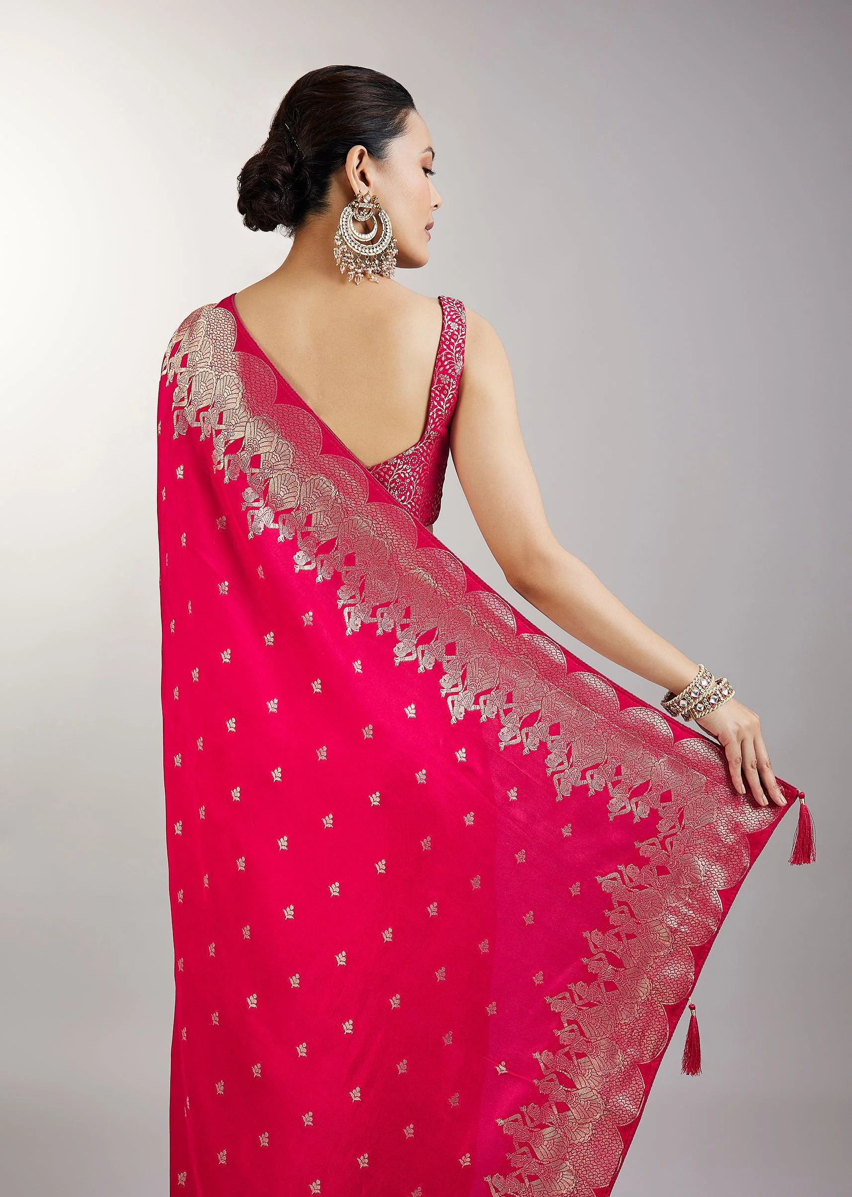 Rani Pink Dola Silk Saree With Zari Woven Butti - Image 6