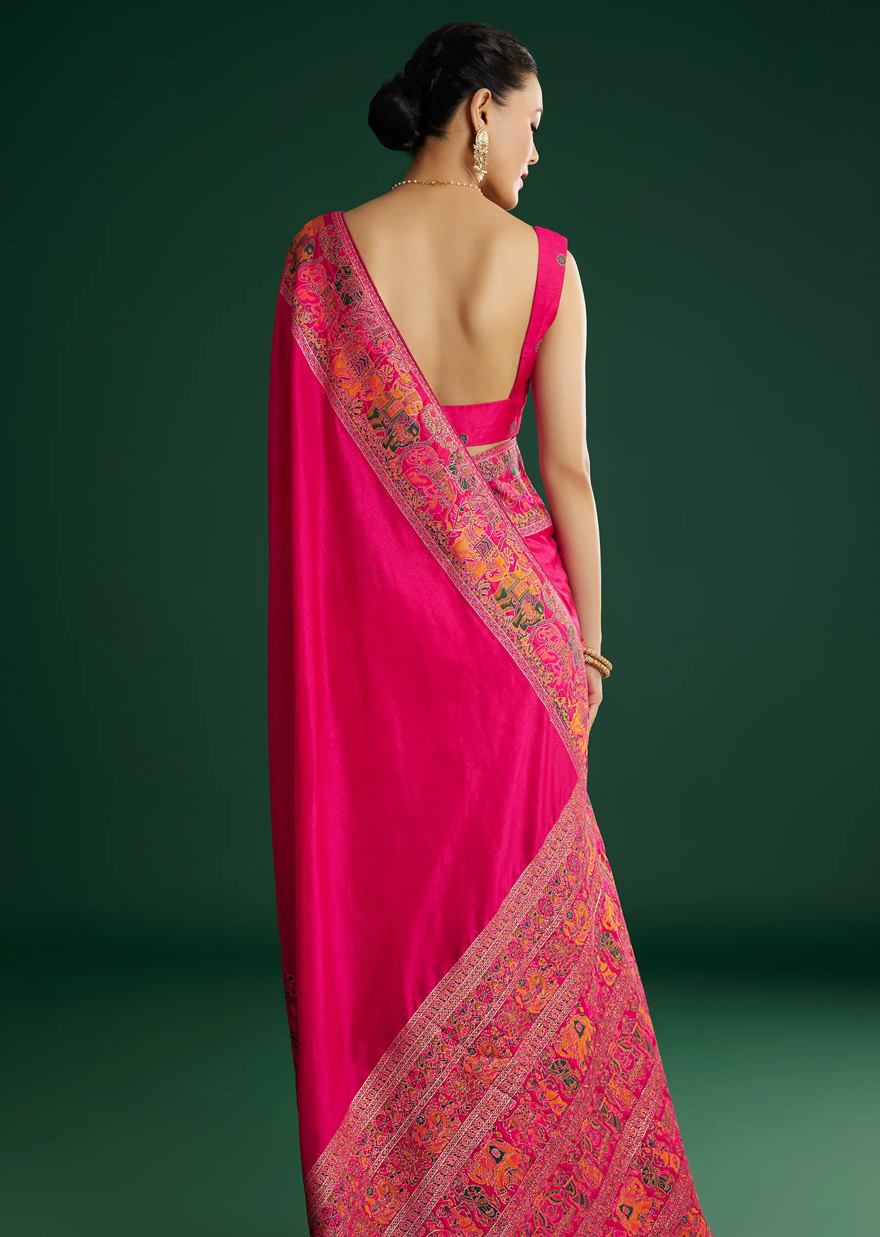 Rani Pink Dola Silk Woven Saree With Floral And Animal Prints - Image 4