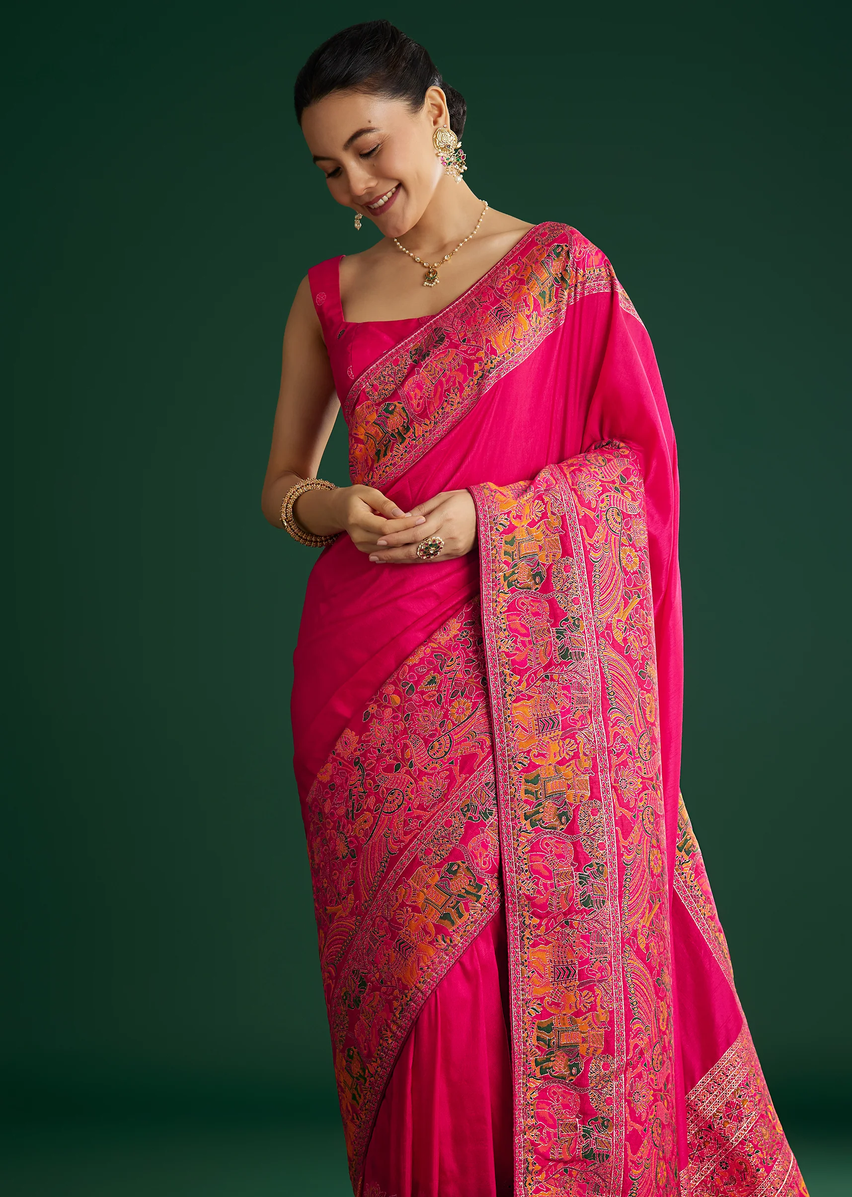 Rani Pink Dola Silk Woven Saree With Floral And Animal Prints - Image 5