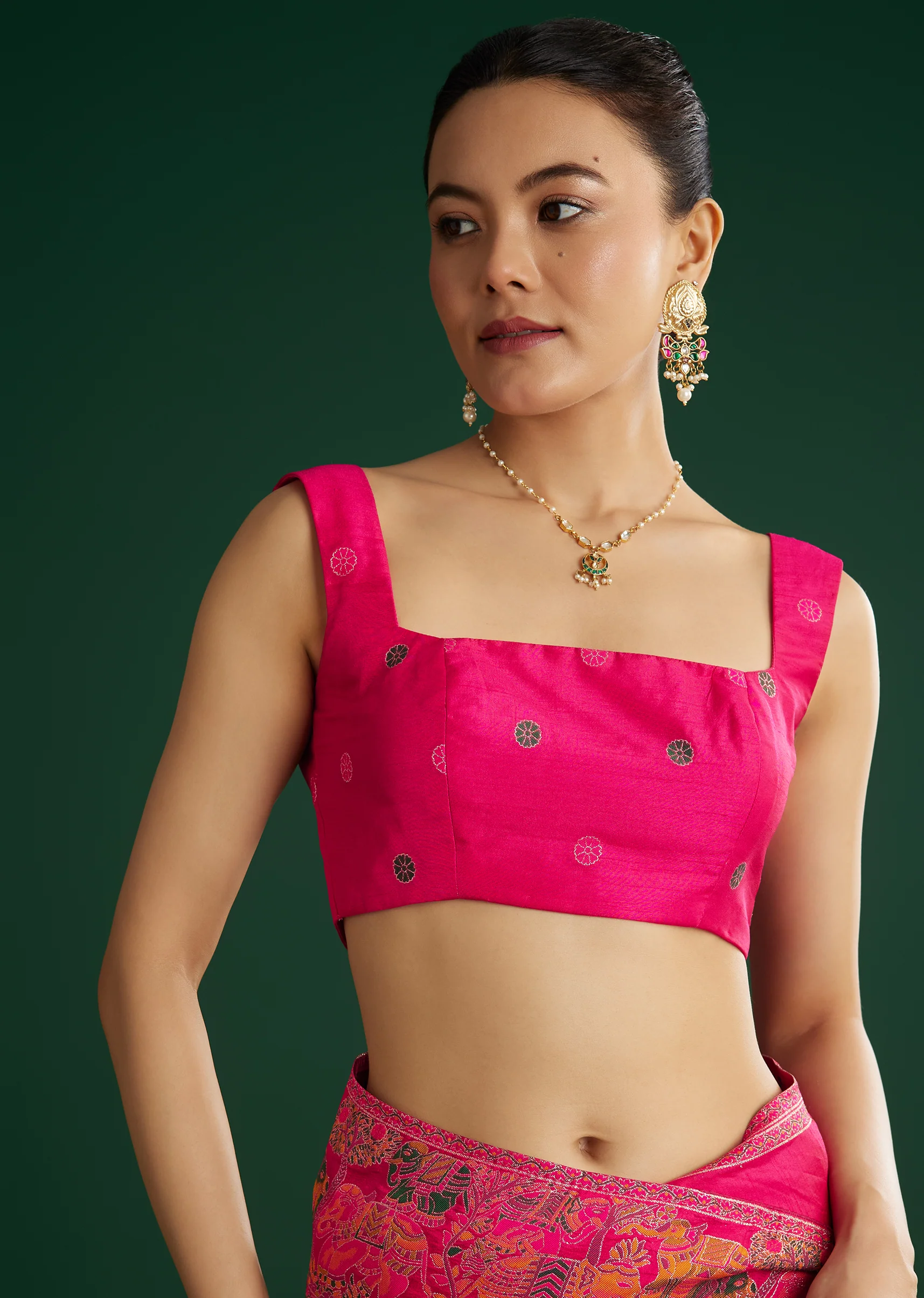 Rani Pink Dola Silk Woven Saree With Floral And Animal Prints - Image 7