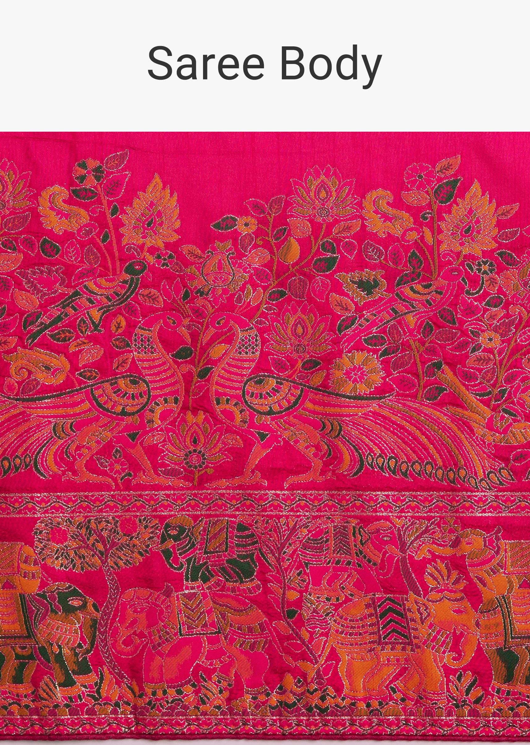 Rani Pink Dola Silk Woven Saree With Floral And Animal Prints - Image 9