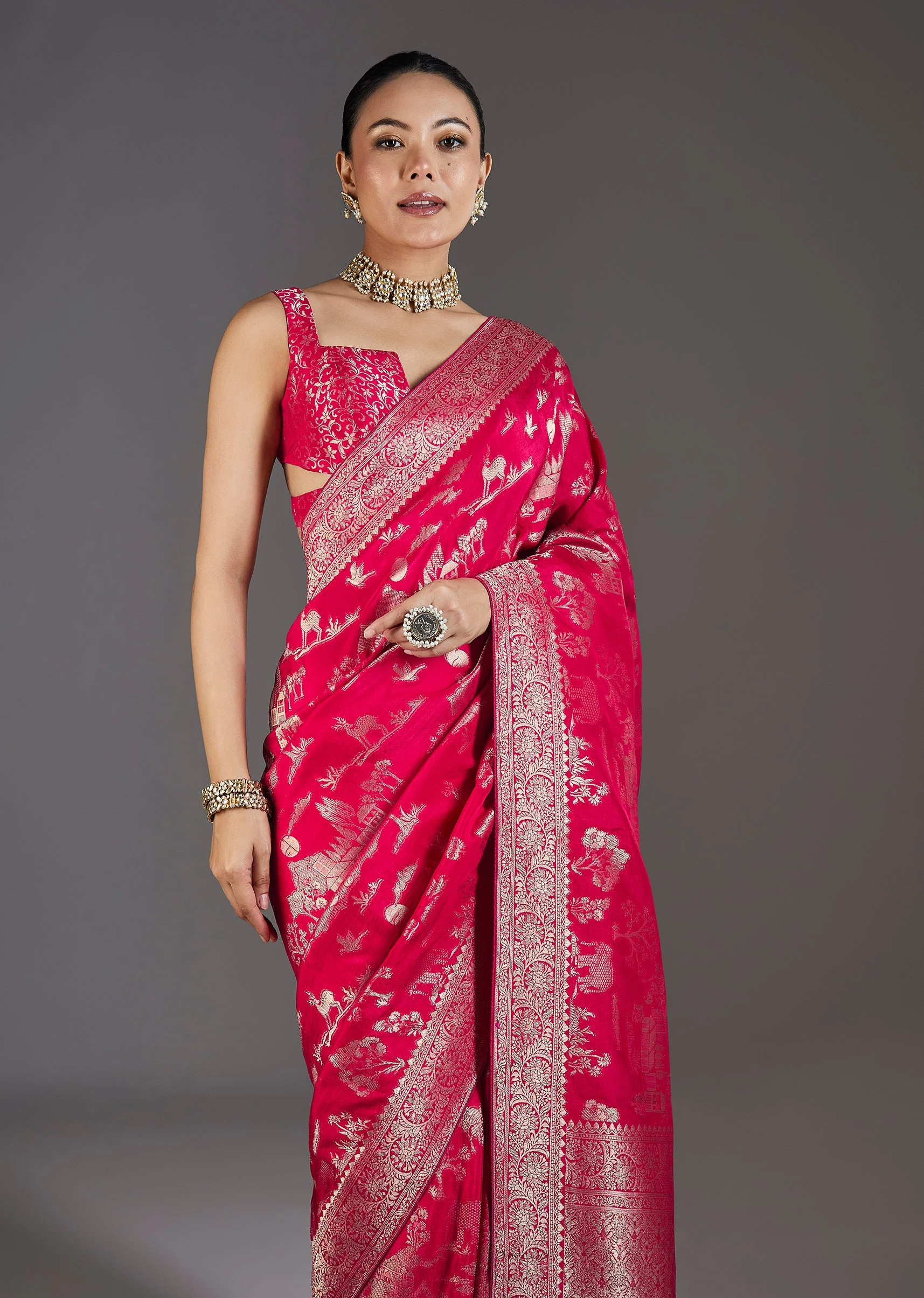Rani Pink Dola Silk Zari Jungla Saree - Image 5