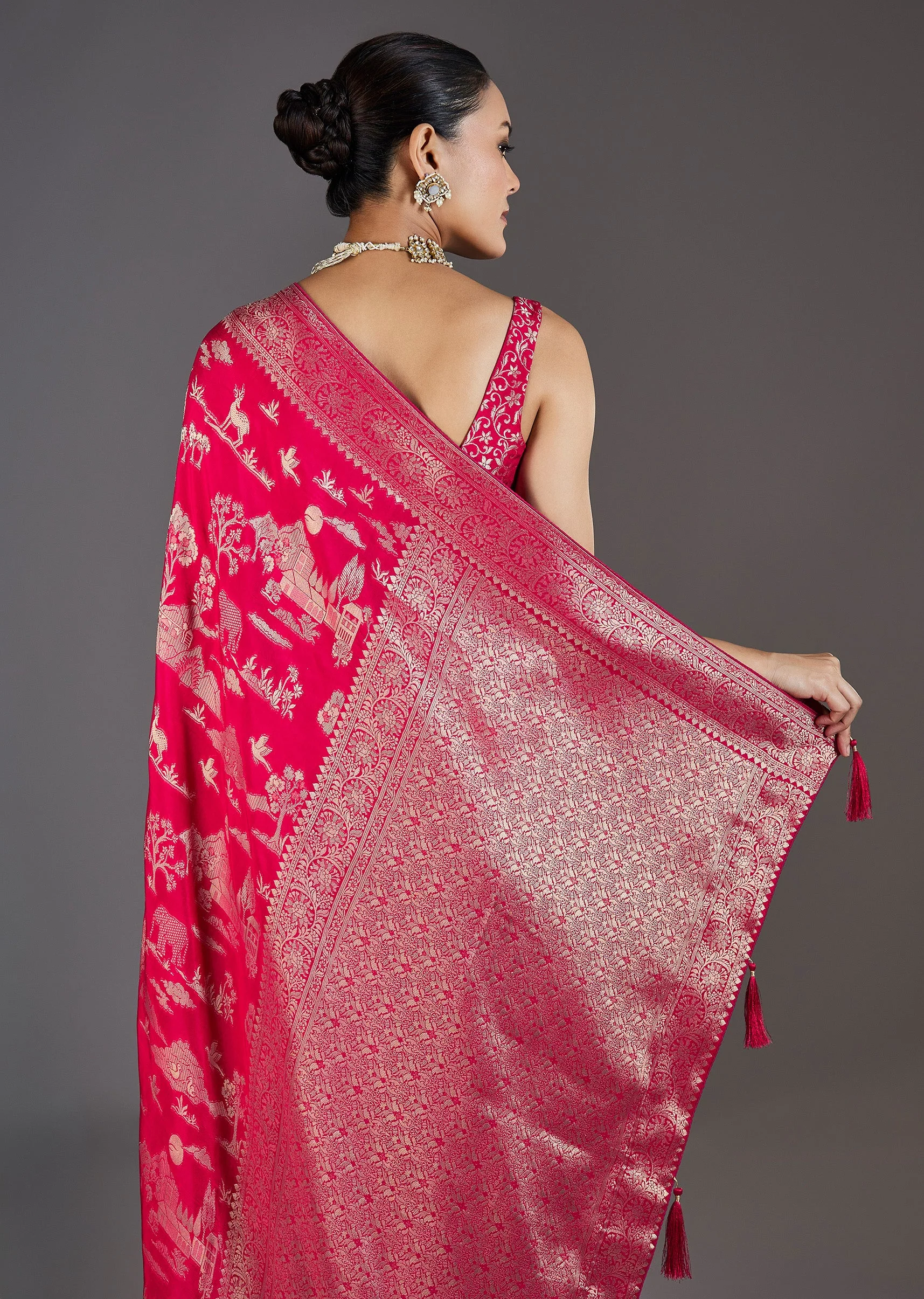 Rani Pink Dola Silk Zari Jungla Saree - Image 6