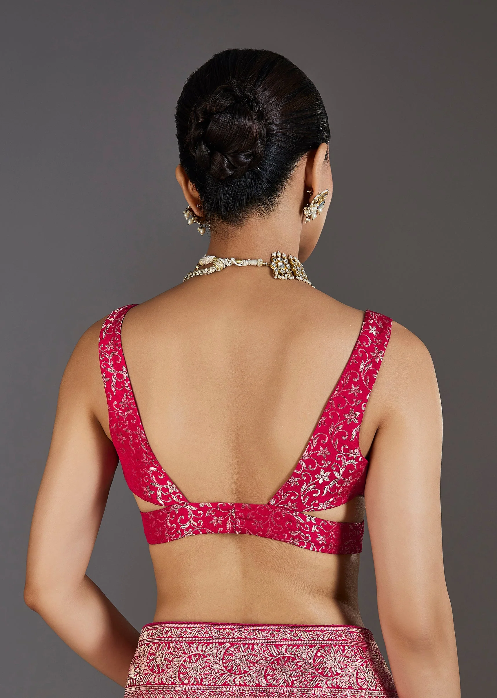 Rani Pink Dola Silk Zari Jungla Saree - Image 8