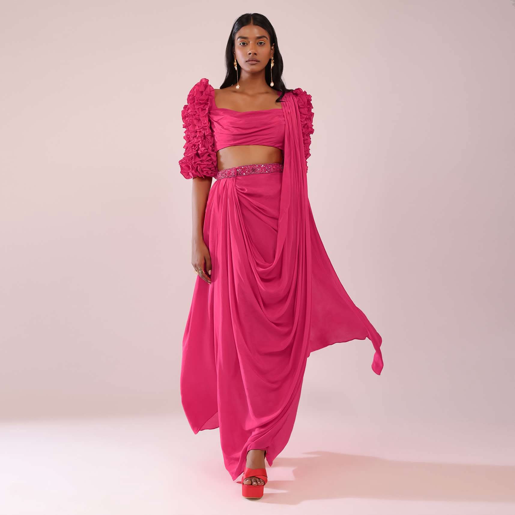 Rani Pink Drape Saree With Fancy Blouse In Crepe - Image 2