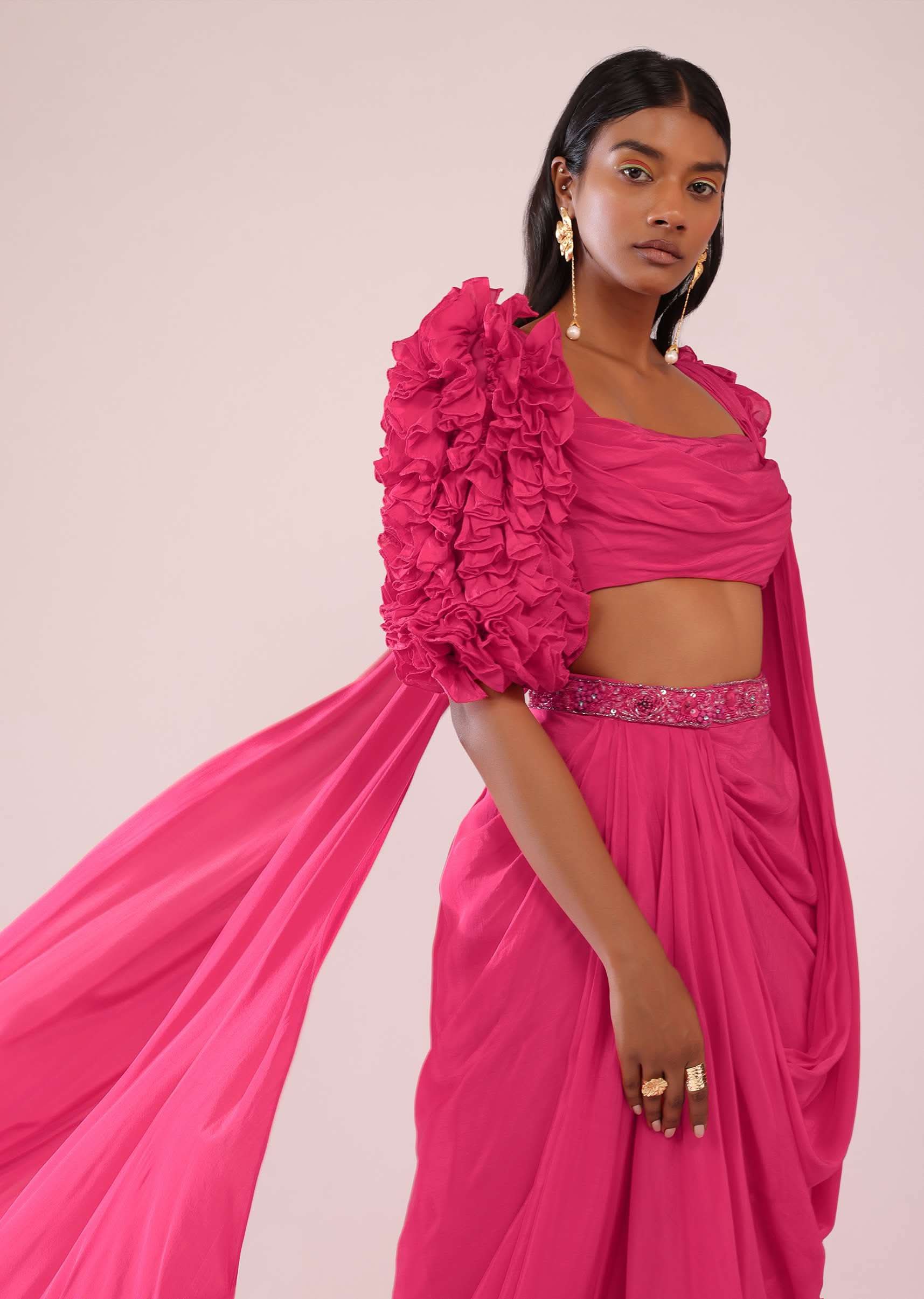 Rani Pink Drape Saree With Fancy Blouse In Crepe - Image 3