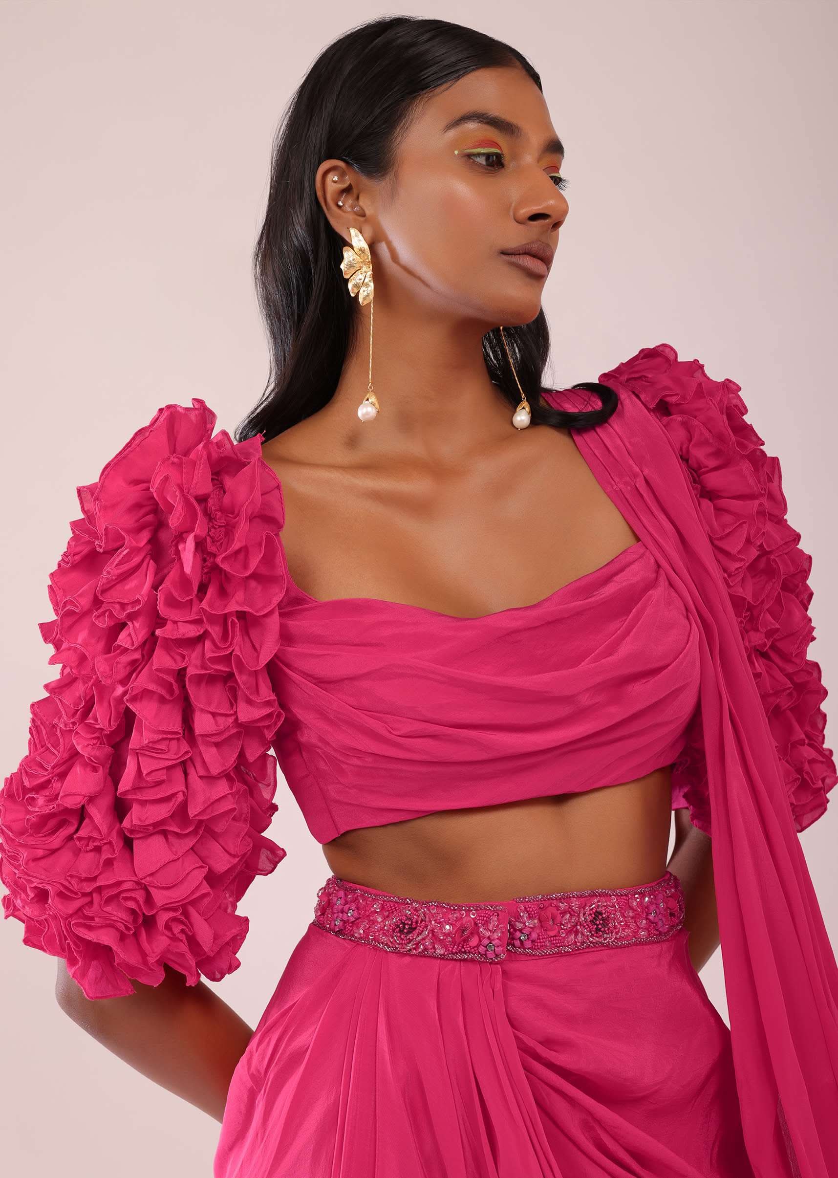 Rani Pink Drape Saree With Fancy Blouse In Crepe - Image 5