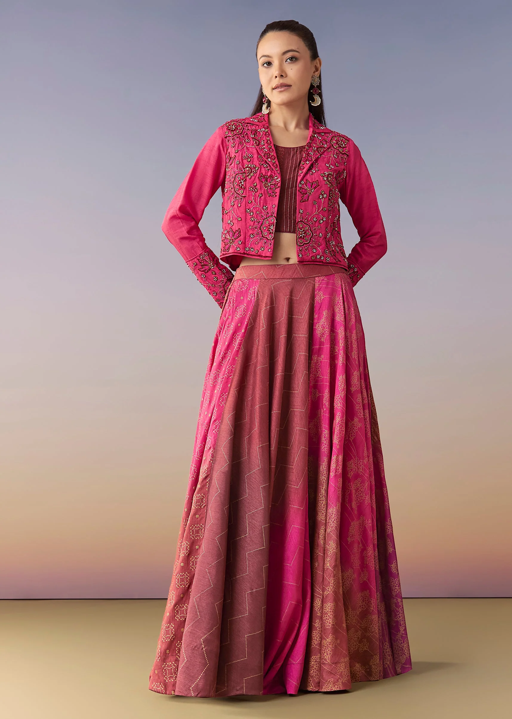 Rani Pink Floral Jacket Skirt Set - Image 3
