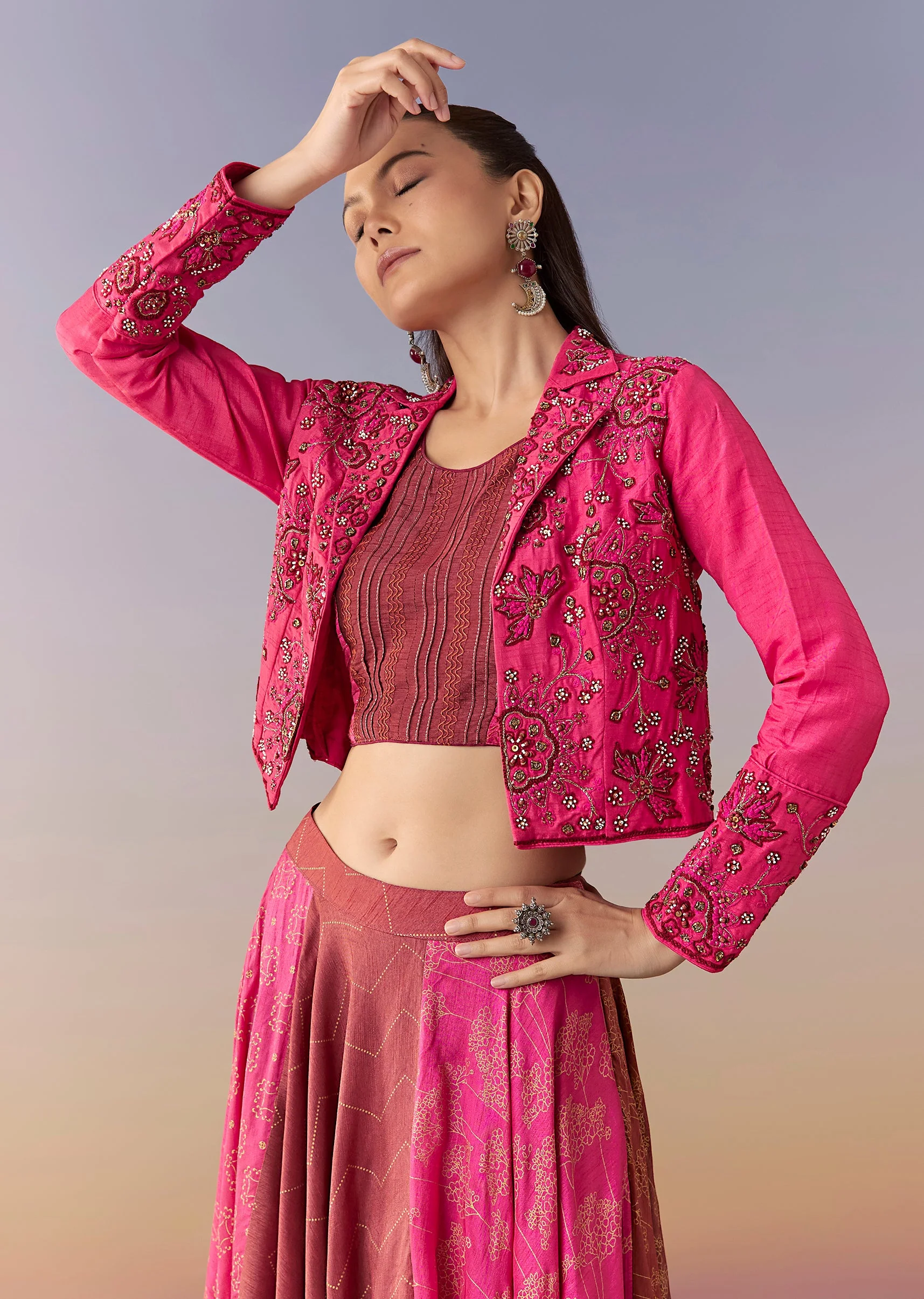 Rani Pink Floral Jacket Skirt Set - Image 4