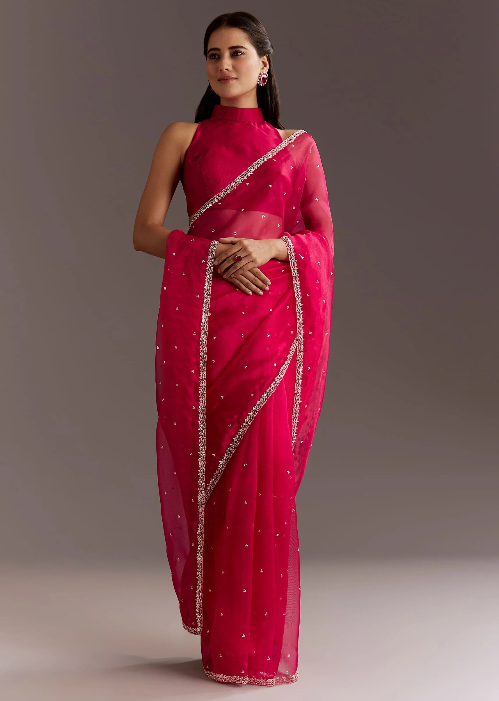 Rani Pink Glass Tissue Saree With Cutdana And Sequins Scallop Border - Image 2