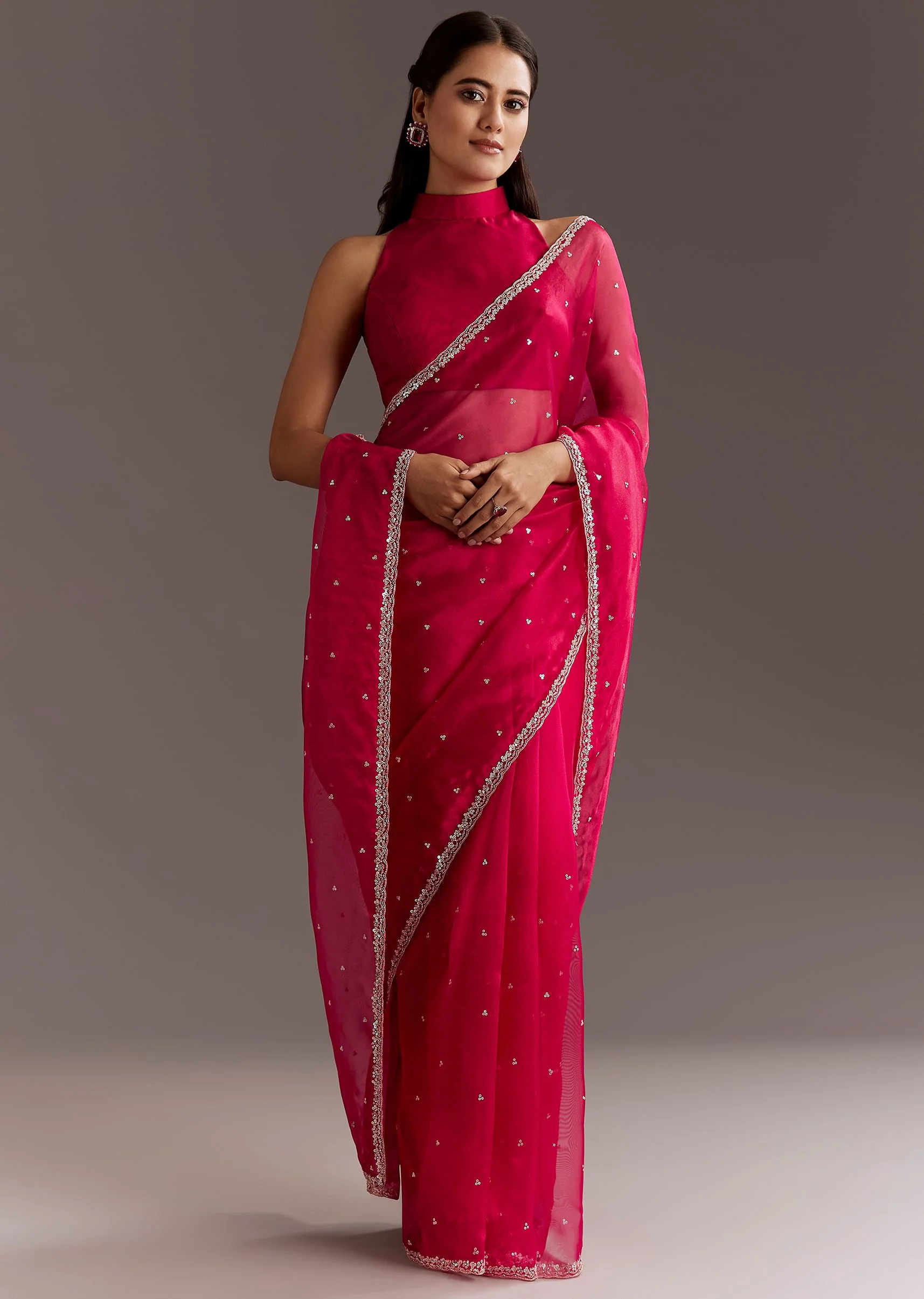 Rani Pink Glass Tissue Saree With Cutdana And Sequins Scallop Border - Image 5