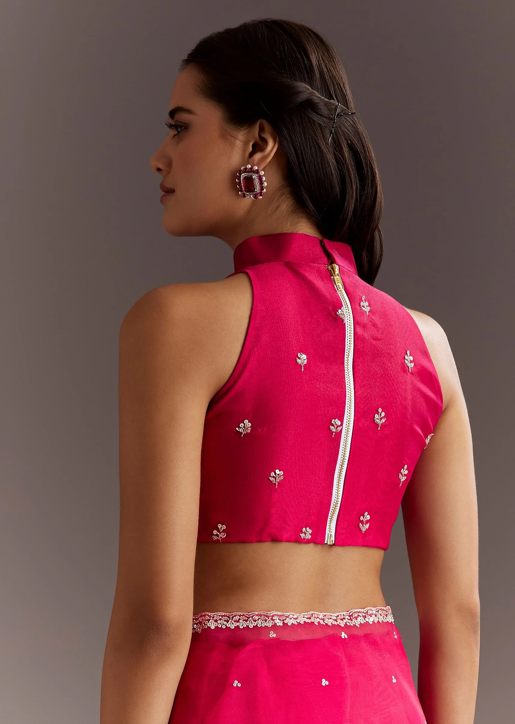 Rani Pink Glass Tissue Saree With Cutdana And Sequins Scallop Border - Image 8