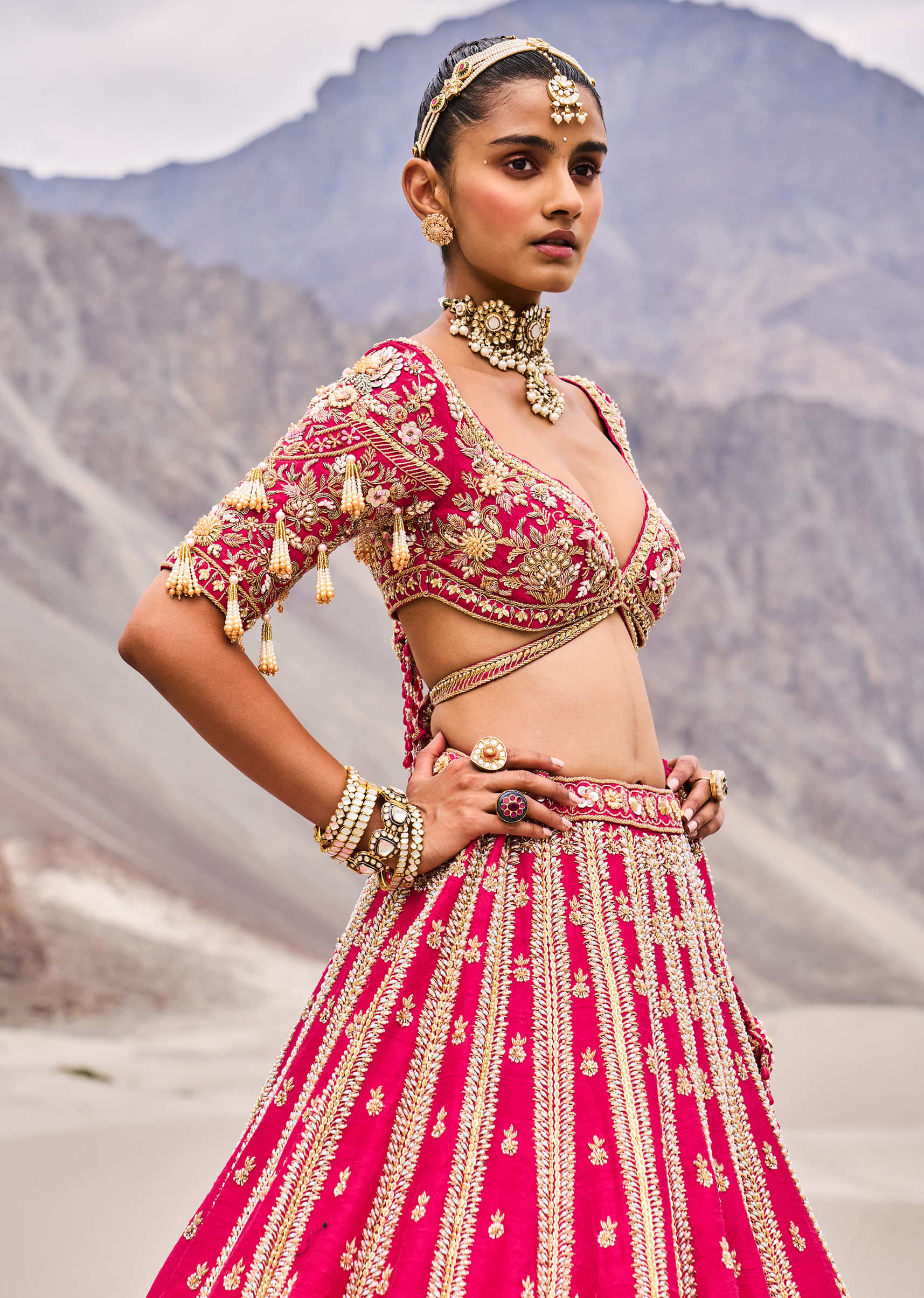 Rani Pink Heavy Embroidered Bridal Lehenga With Two Dupattas - Image 2