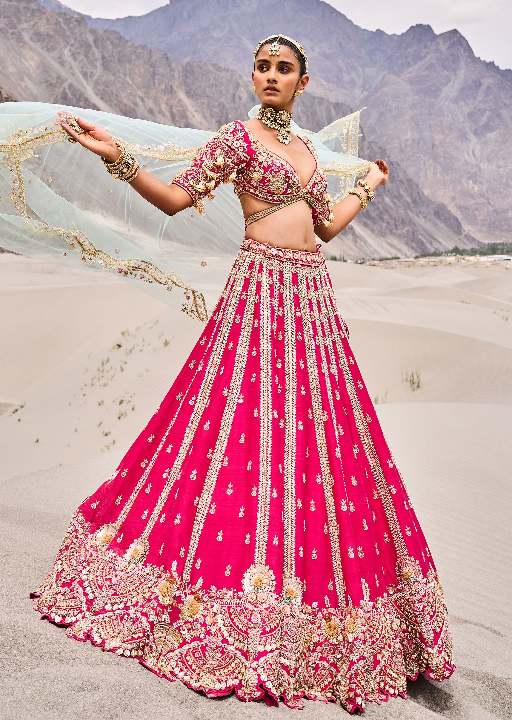 Rani Pink Heavy Embroidered Bridal Lehenga With Two Dupattas - Image 3