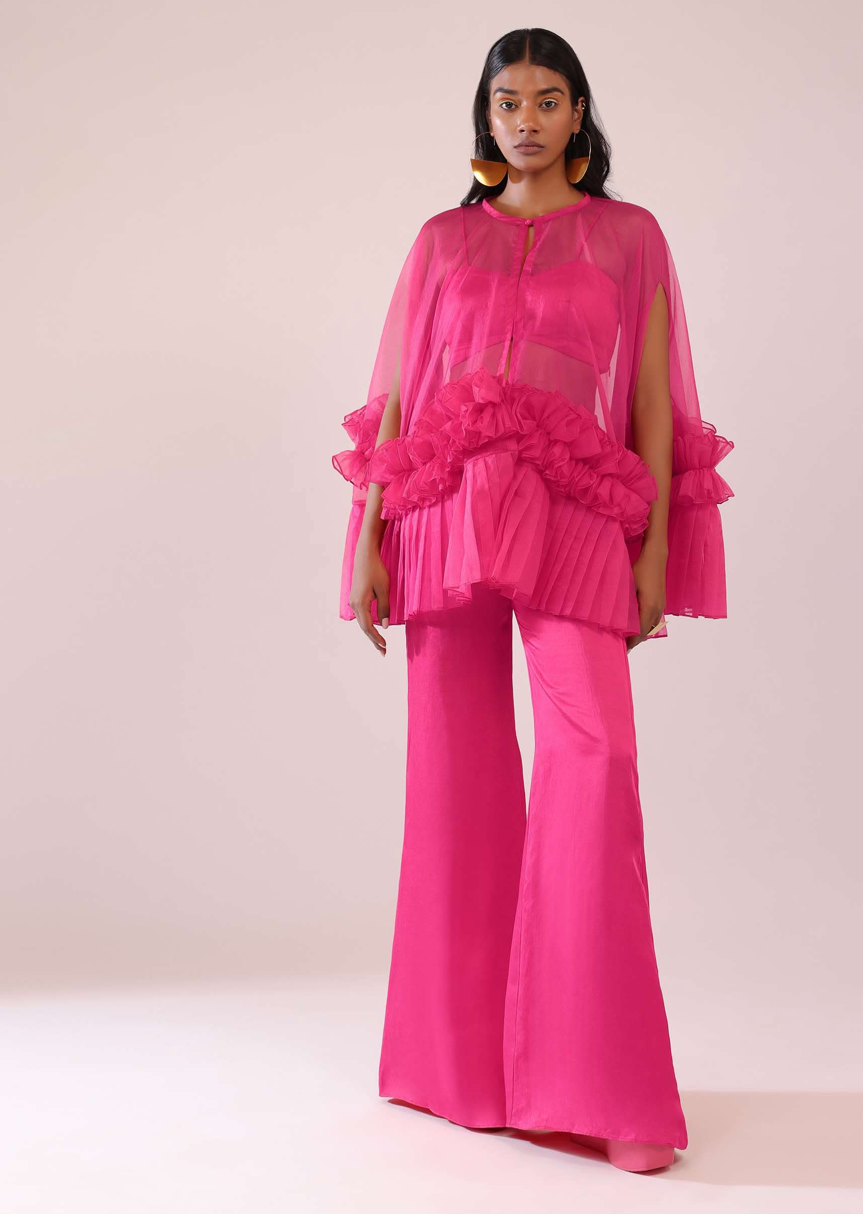 Rani Pink In Organza Frill Jacket & Pant Set With Bustier - Image 4