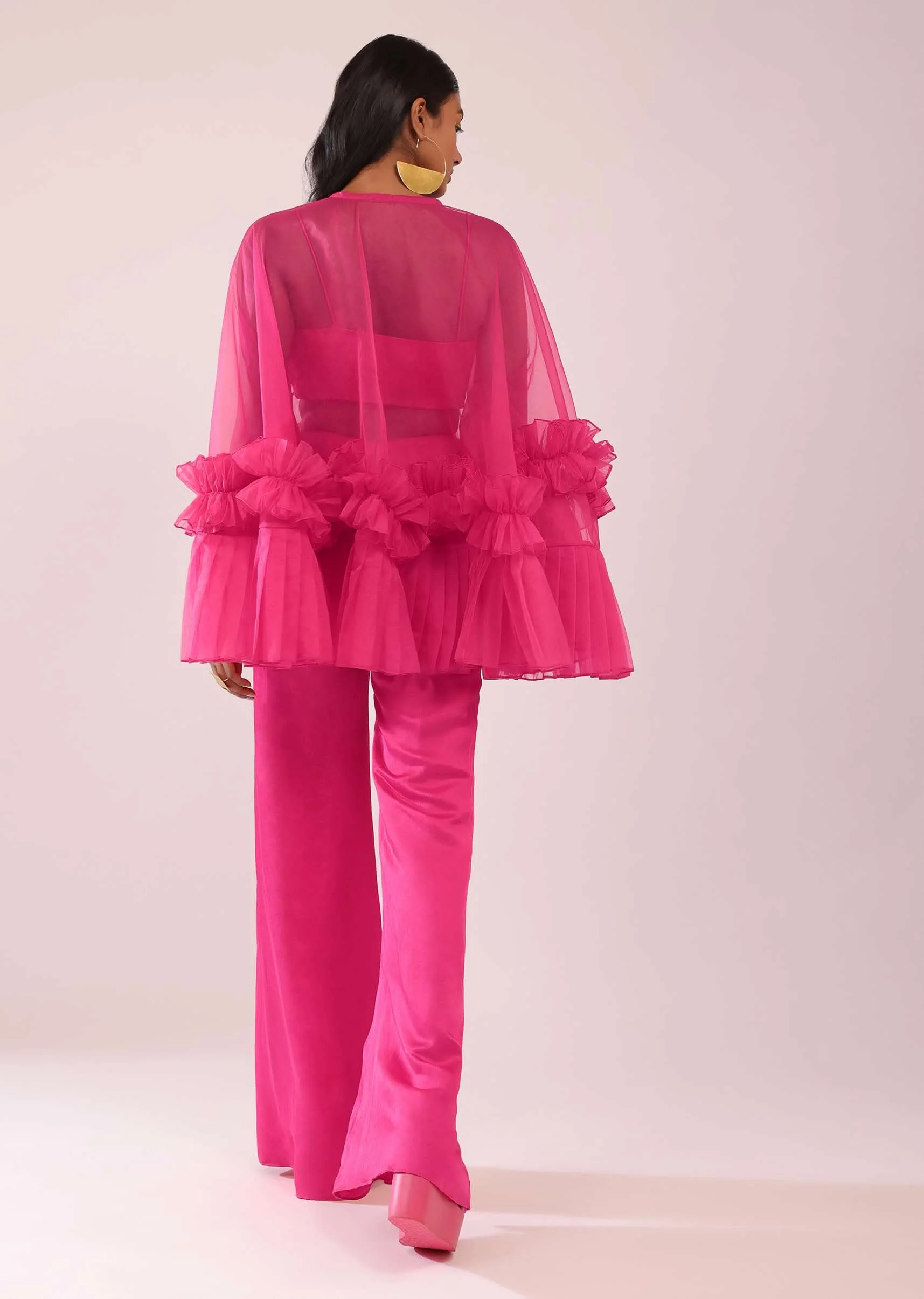 Rani Pink In Organza Frill Jacket & Pant Set With Bustier - Image 7