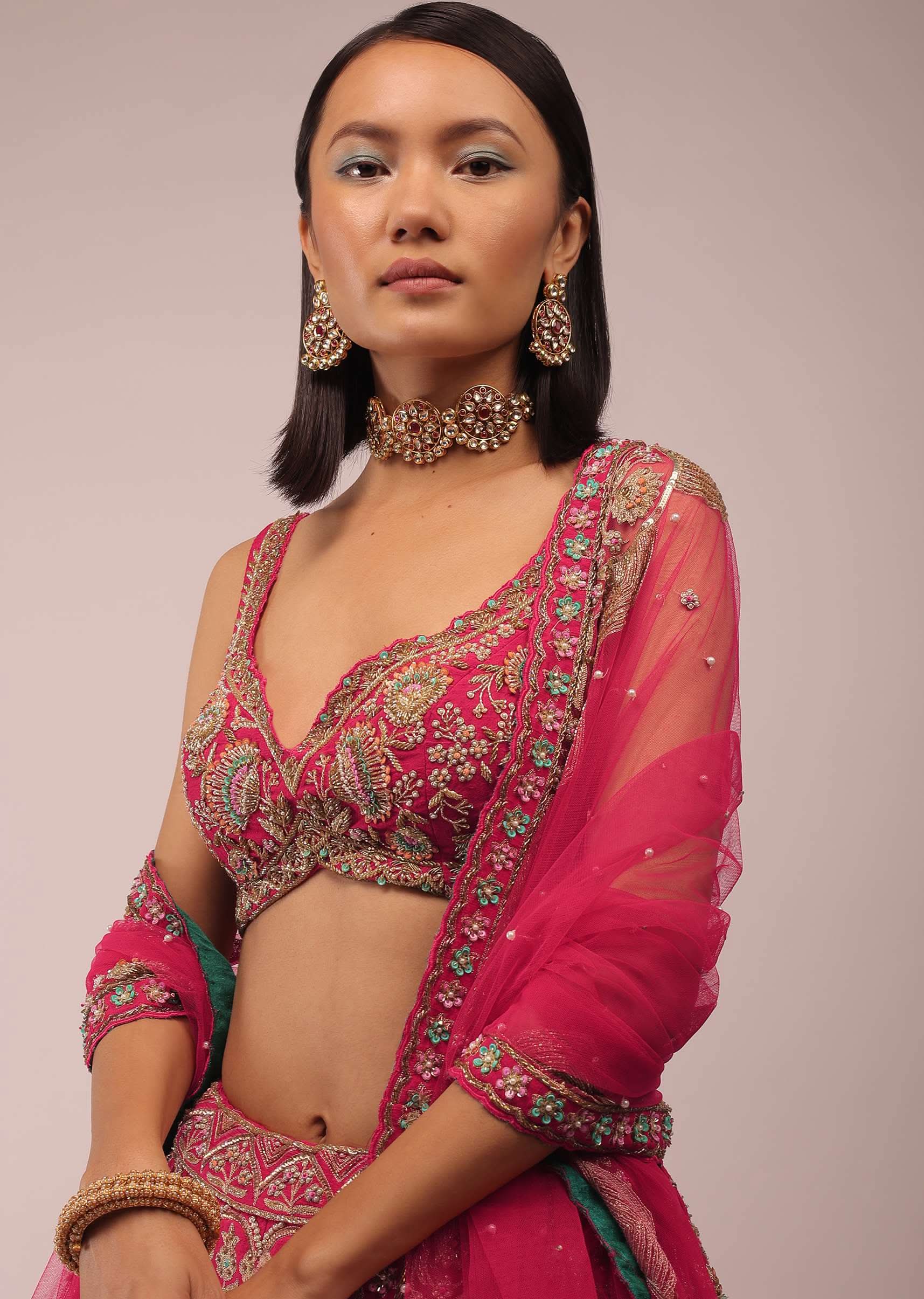 Rani Pink Lehenga In Golden Zari Work Embroidery Inspired By Mughal Architecture With Matching Net Dupatta In Embroidered Buttis - Image 4