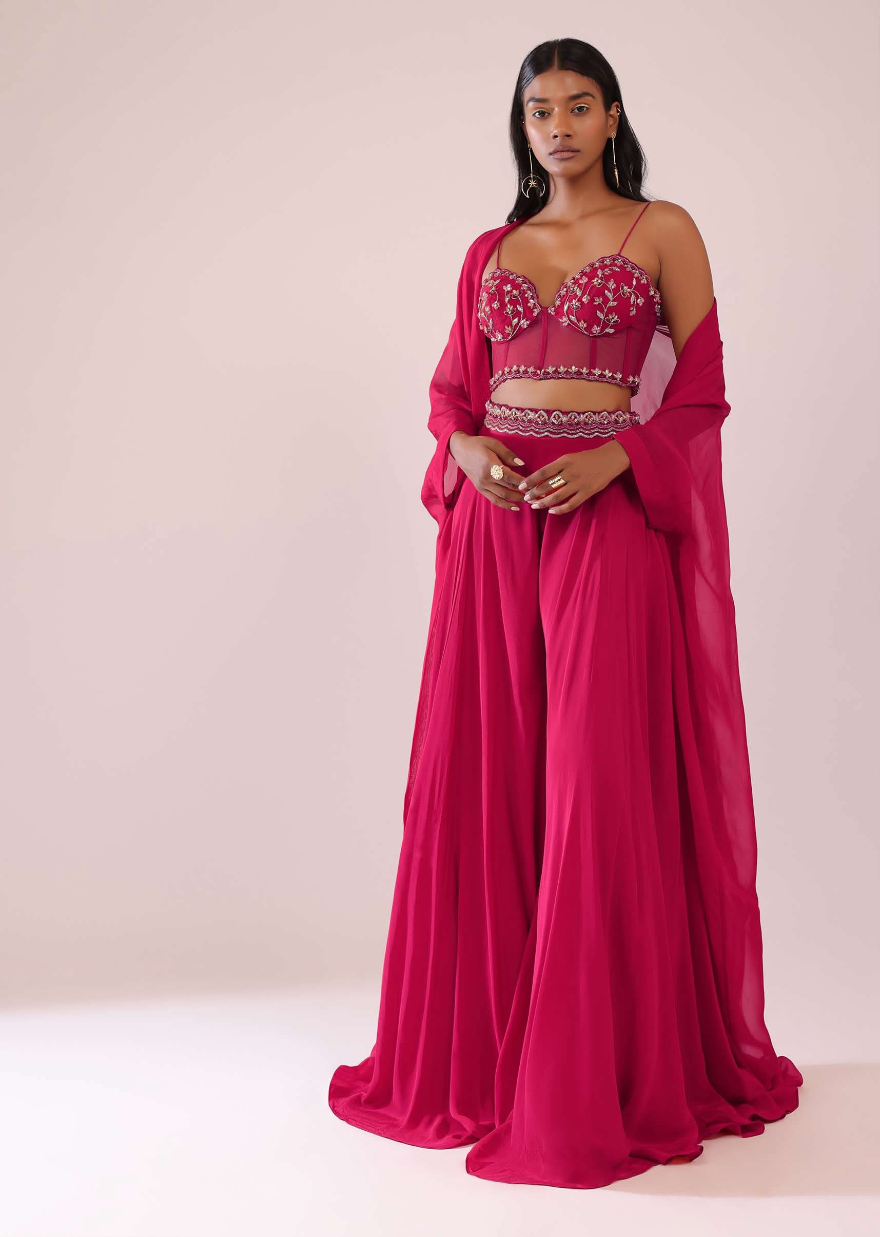 Rani Pink Organza Palazzo And Corset Blouse Set With Floral Embroidery - Image 3