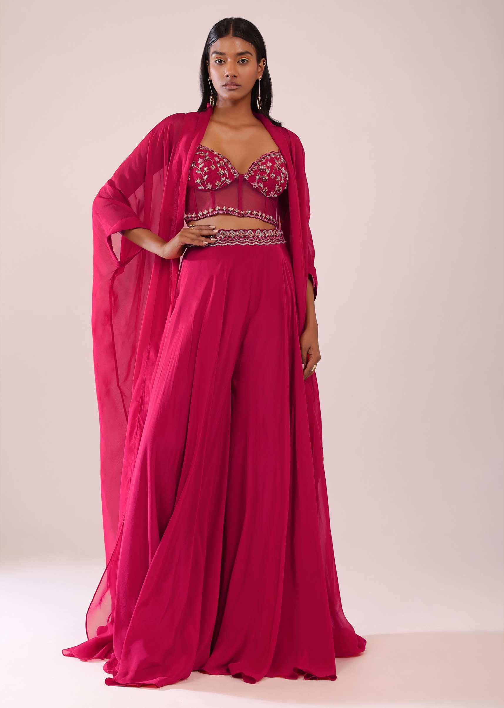 Rani Pink Organza Palazzo And Corset Blouse Set With Floral Embroidery - Image 4
