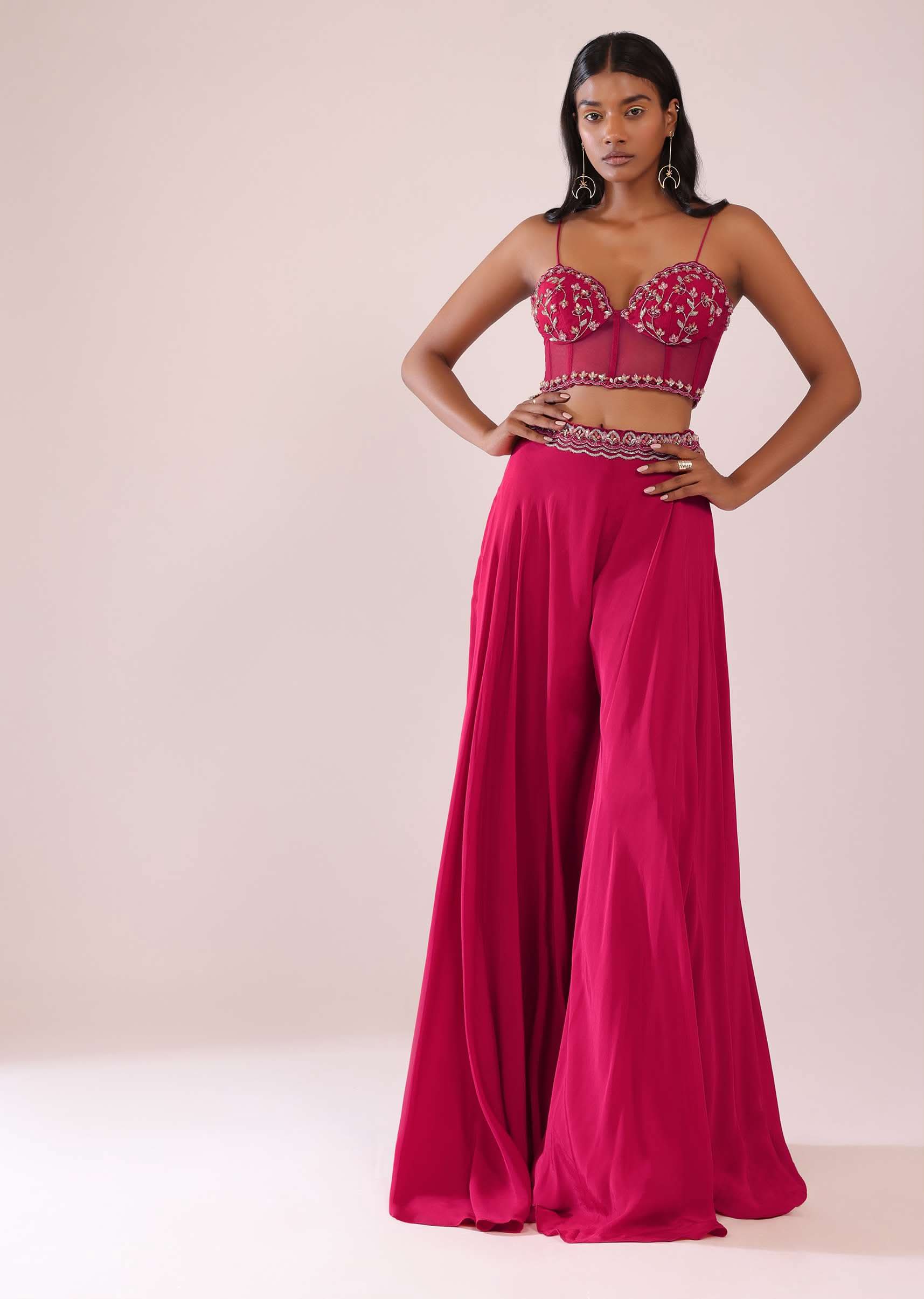 Rani Pink Organza Palazzo And Corset Blouse Set With Floral Embroidery - Image 7