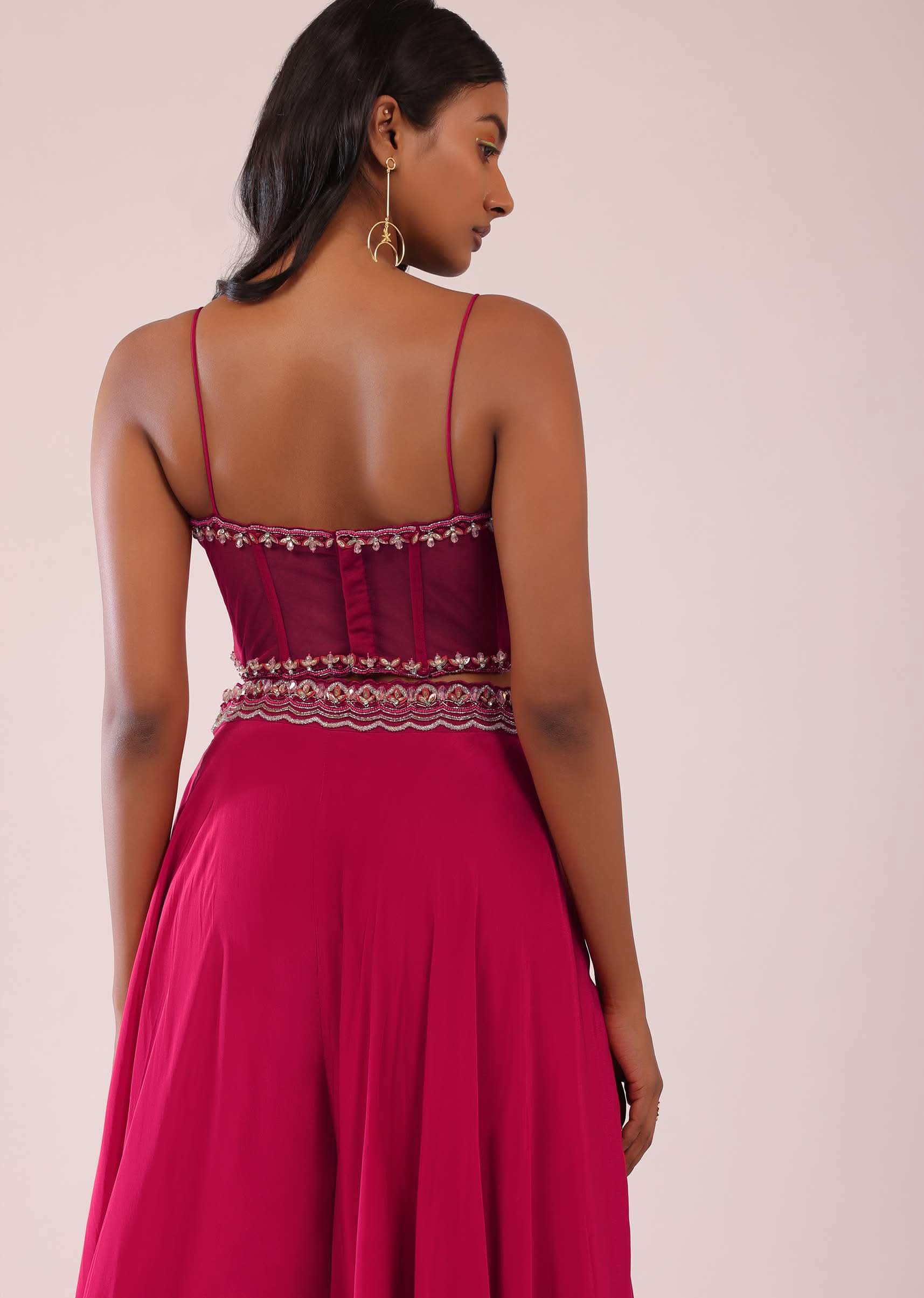 Rani Pink Organza Palazzo And Corset Blouse Set With Floral Embroidery - Image 9