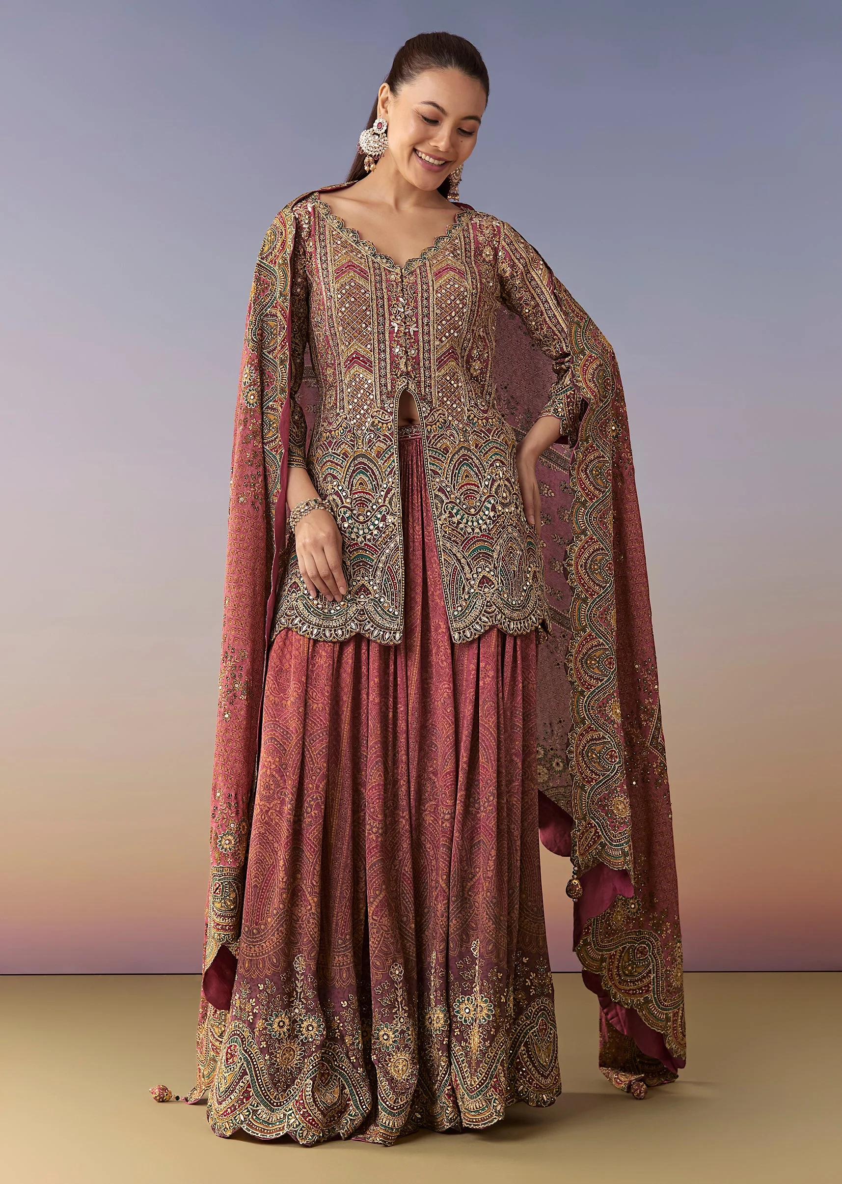 Rani Pink Printed Palazzo Set With Dupatta - Image 3