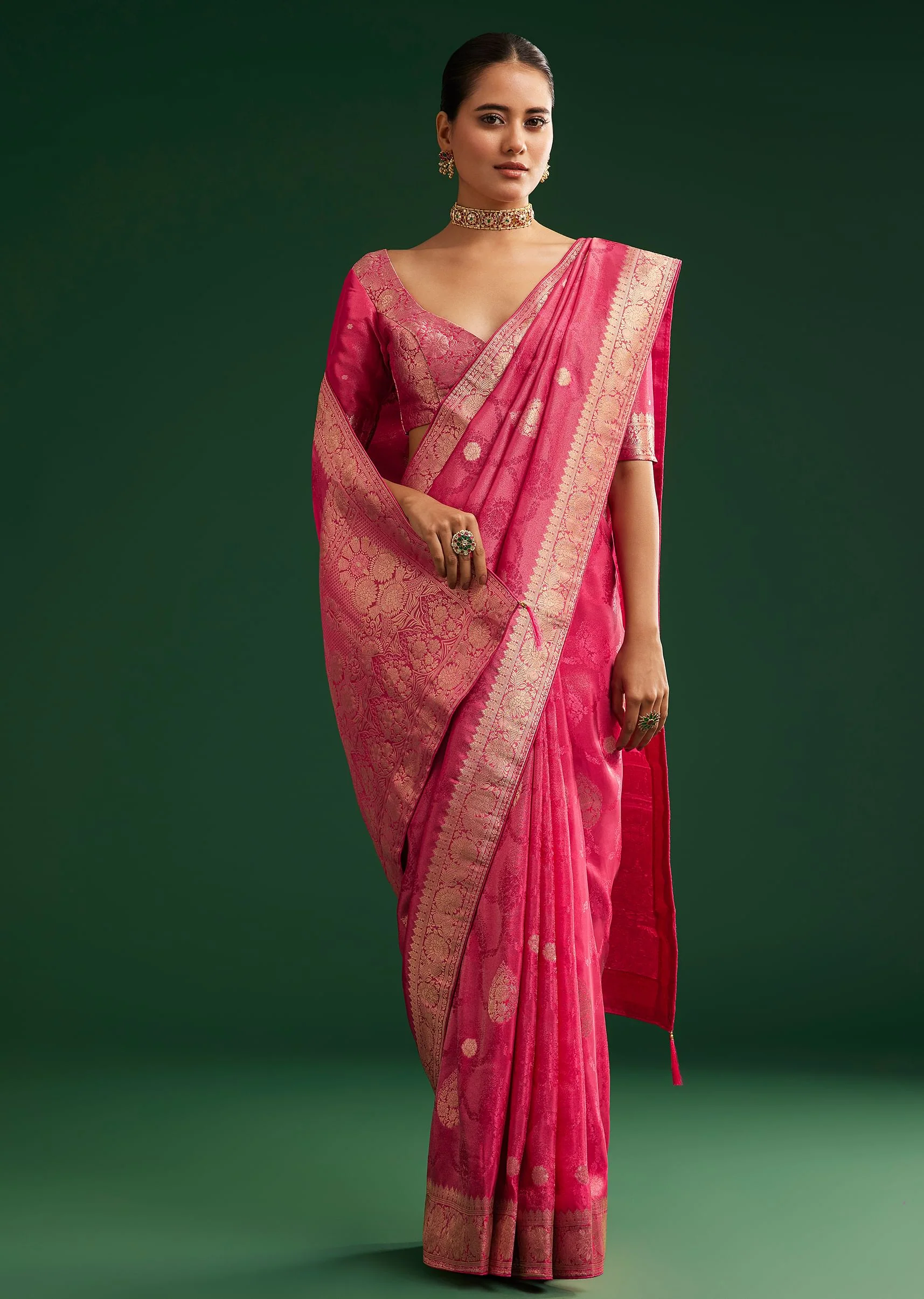 Rani Pink Saree With Woven Zari Motif And Embroidered Blouse - Image 3