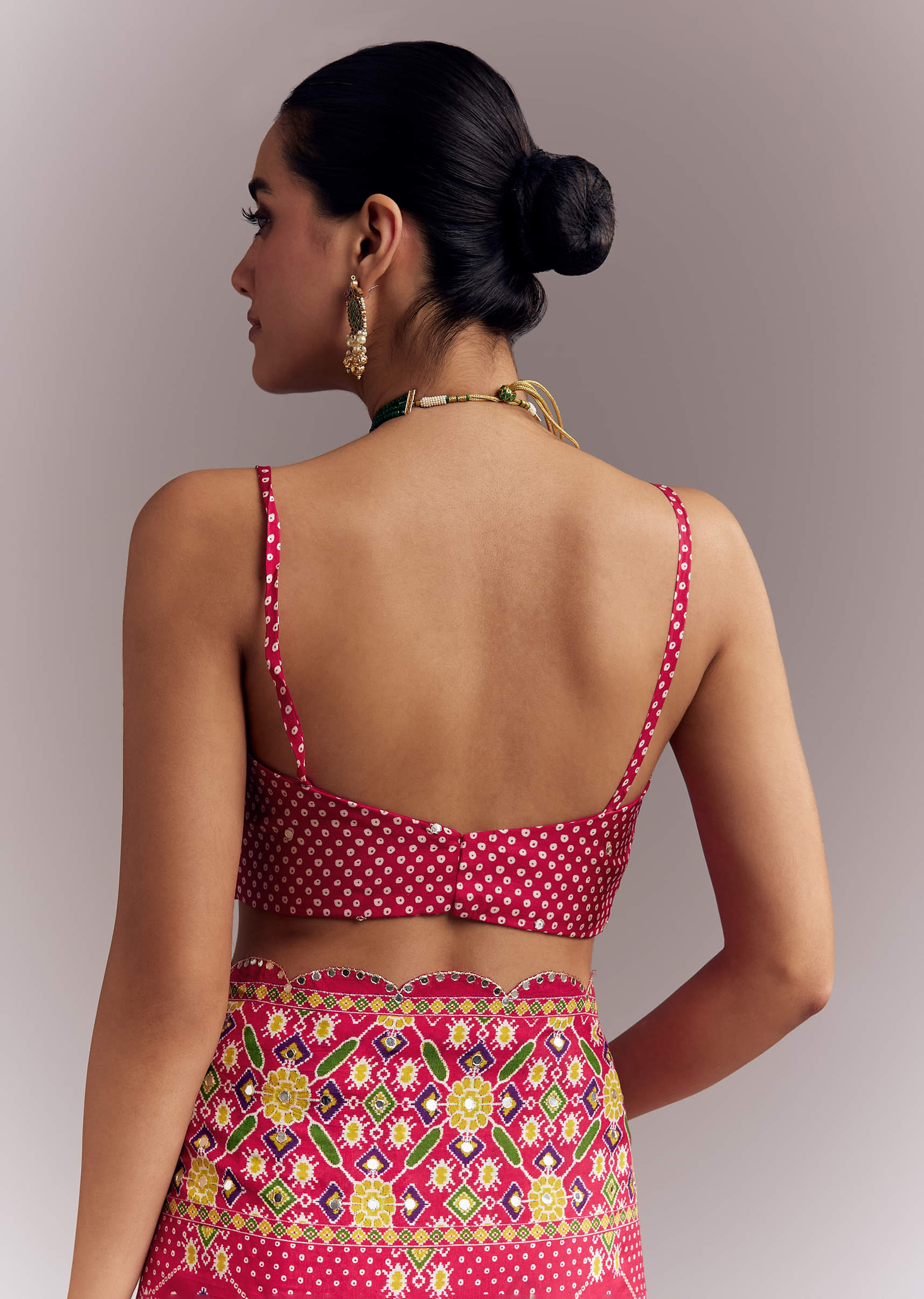 Rani Pink Satin Saree With Handwoven Ikat Print And Mirror Work - Image 7