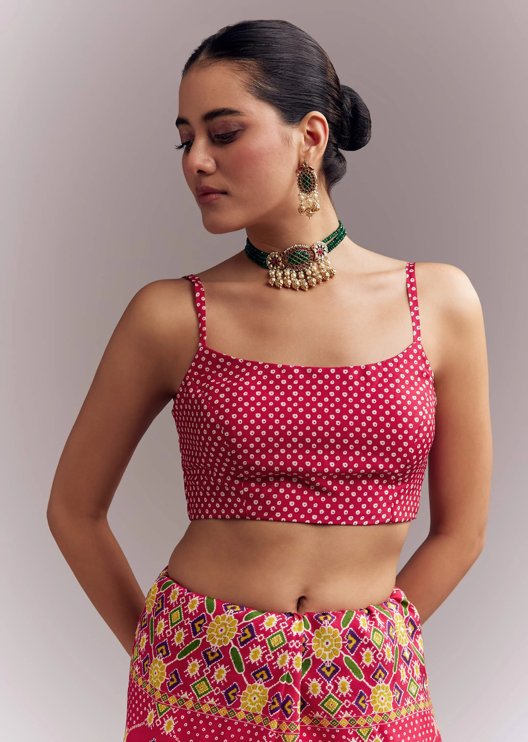 Rani Pink Satin Saree With Handwoven Ikat Print And Mirror Work - Image 8