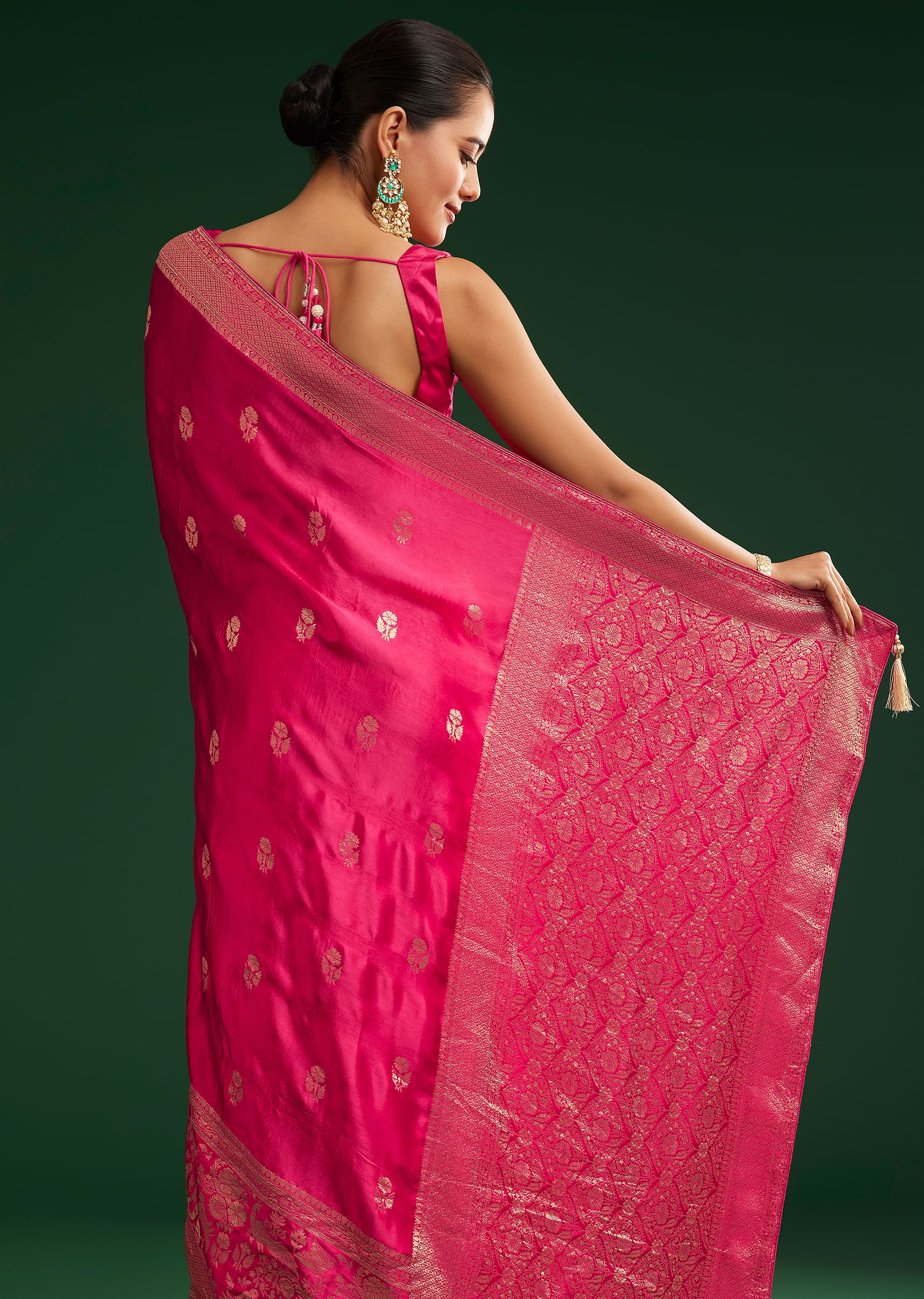 Rani Pink Satin Saree With Zari Woven Design - Image 4