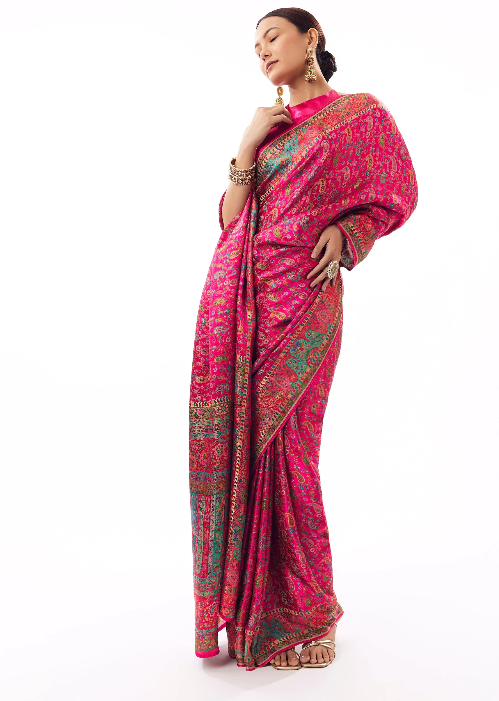 Rani Pink Satin Woven Saree With Multicolor Woven Motifs - Image 3
