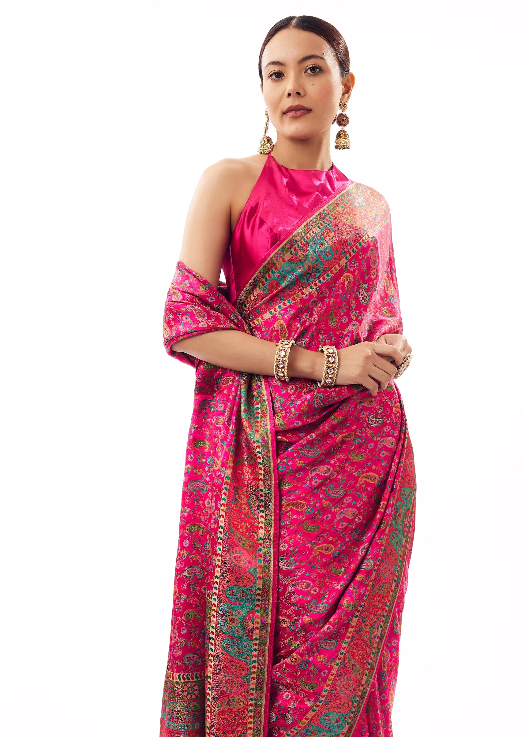 Rani Pink Satin Woven Saree With Multicolor Woven Motifs - Image 5