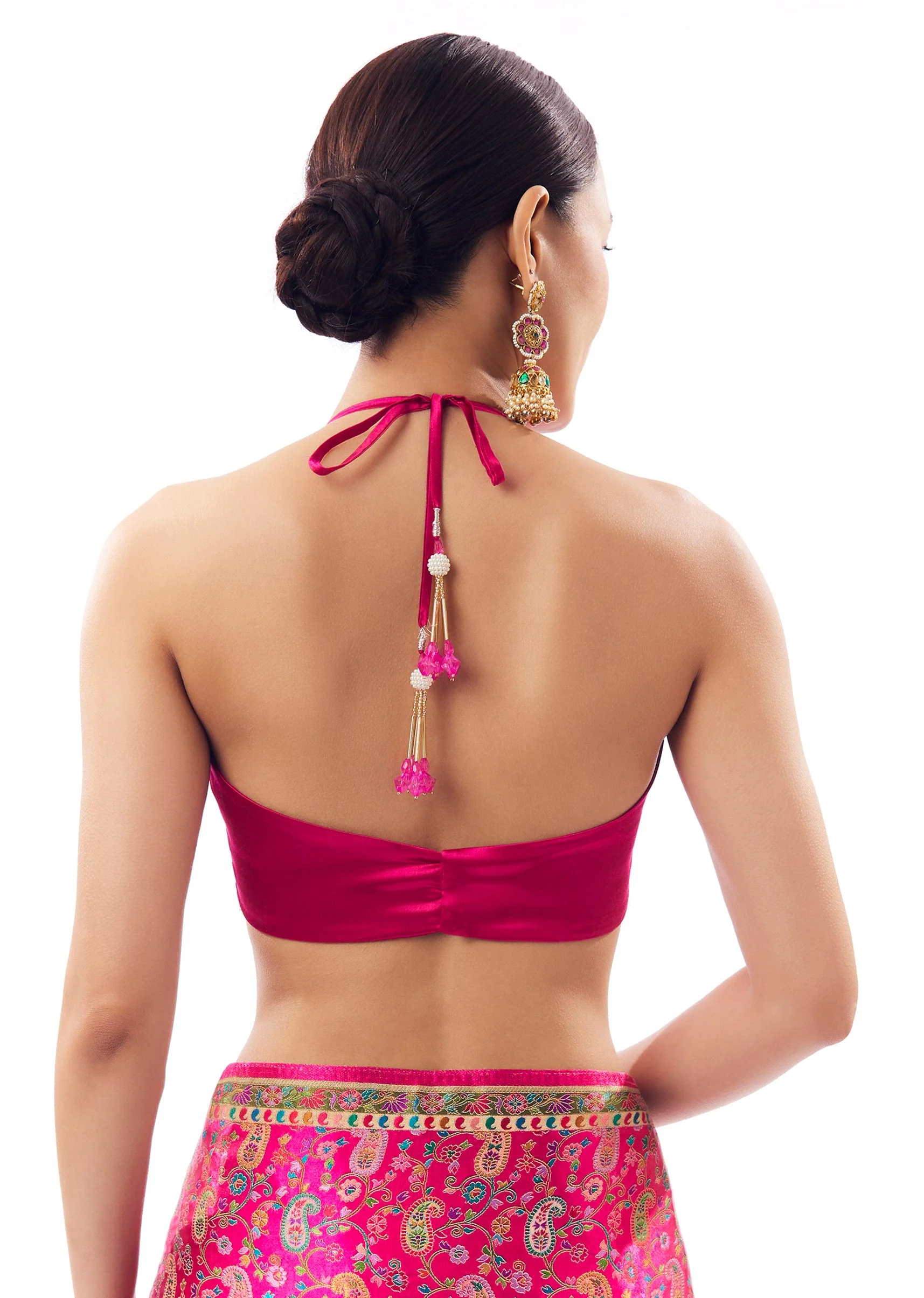 Rani Pink Satin Woven Saree With Multicolor Woven Motifs - Image 8