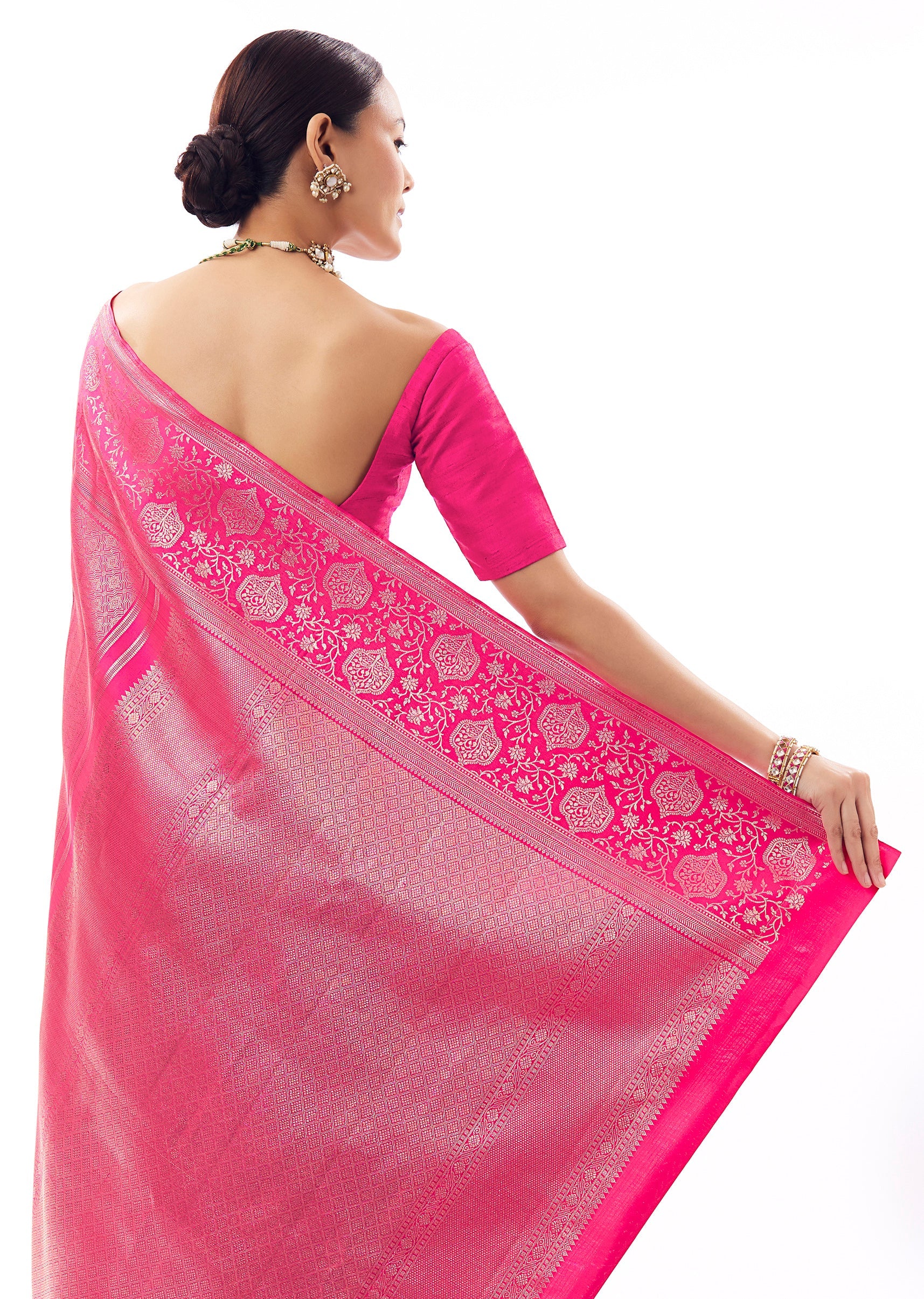 Rani Pink Silk Chanderi Zari Woven Saree And Floral Statement Border - Image 6
