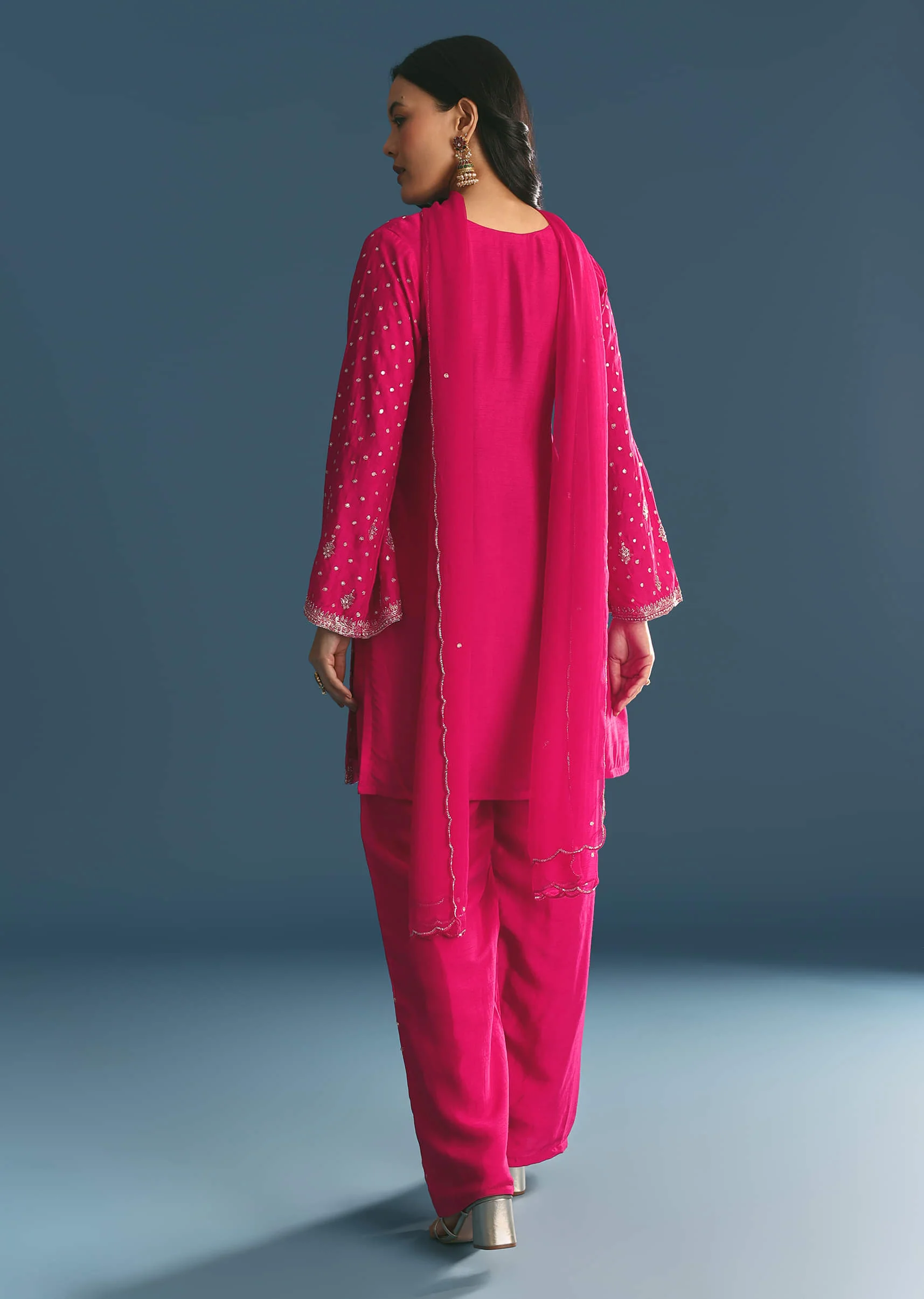 Rani Pink Silk Embroidered Kurta Set With Dupatta - Image 5