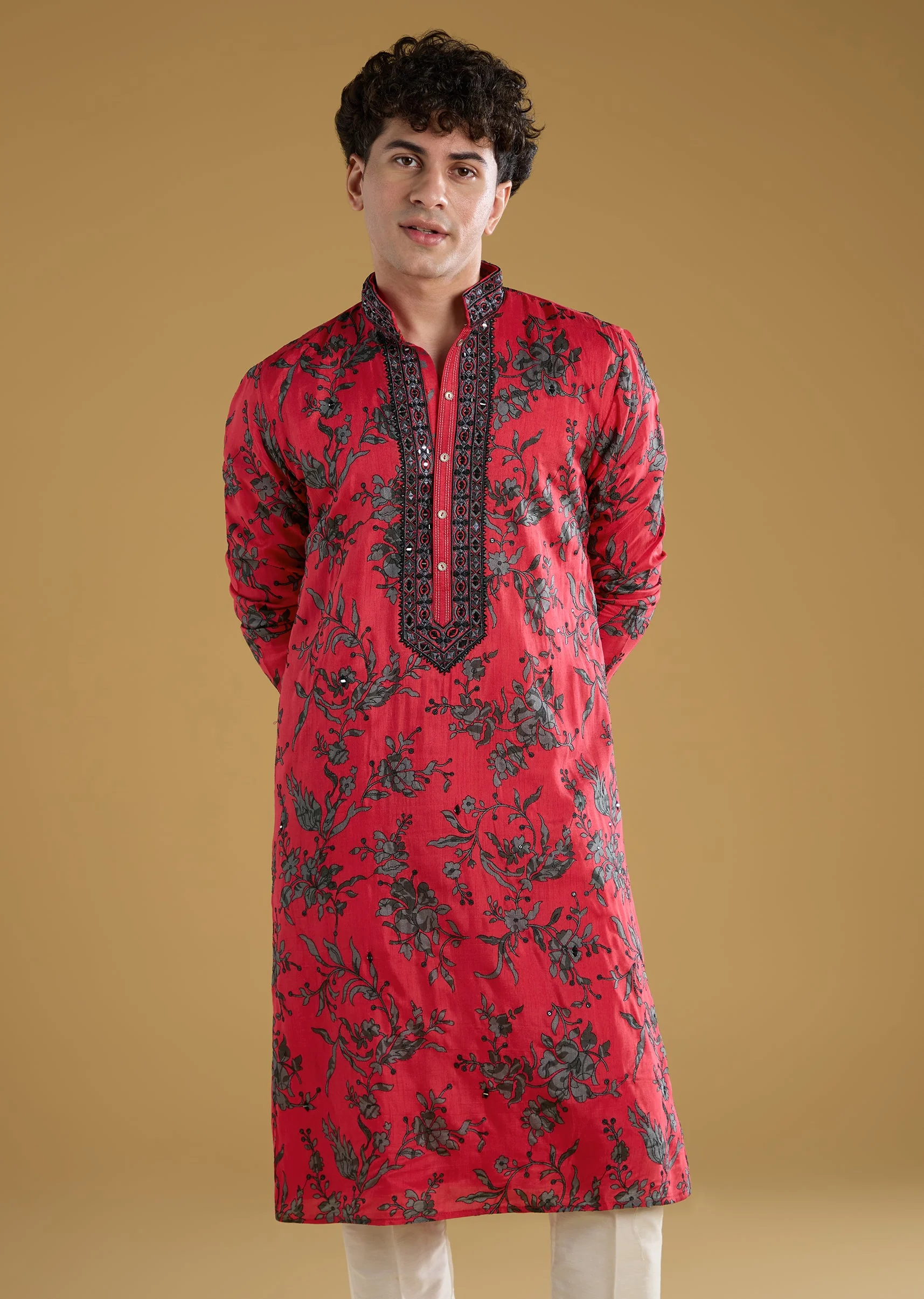 Rani Pink Silk Kurta Set With Thread And Mirror Detail Work - Image 3