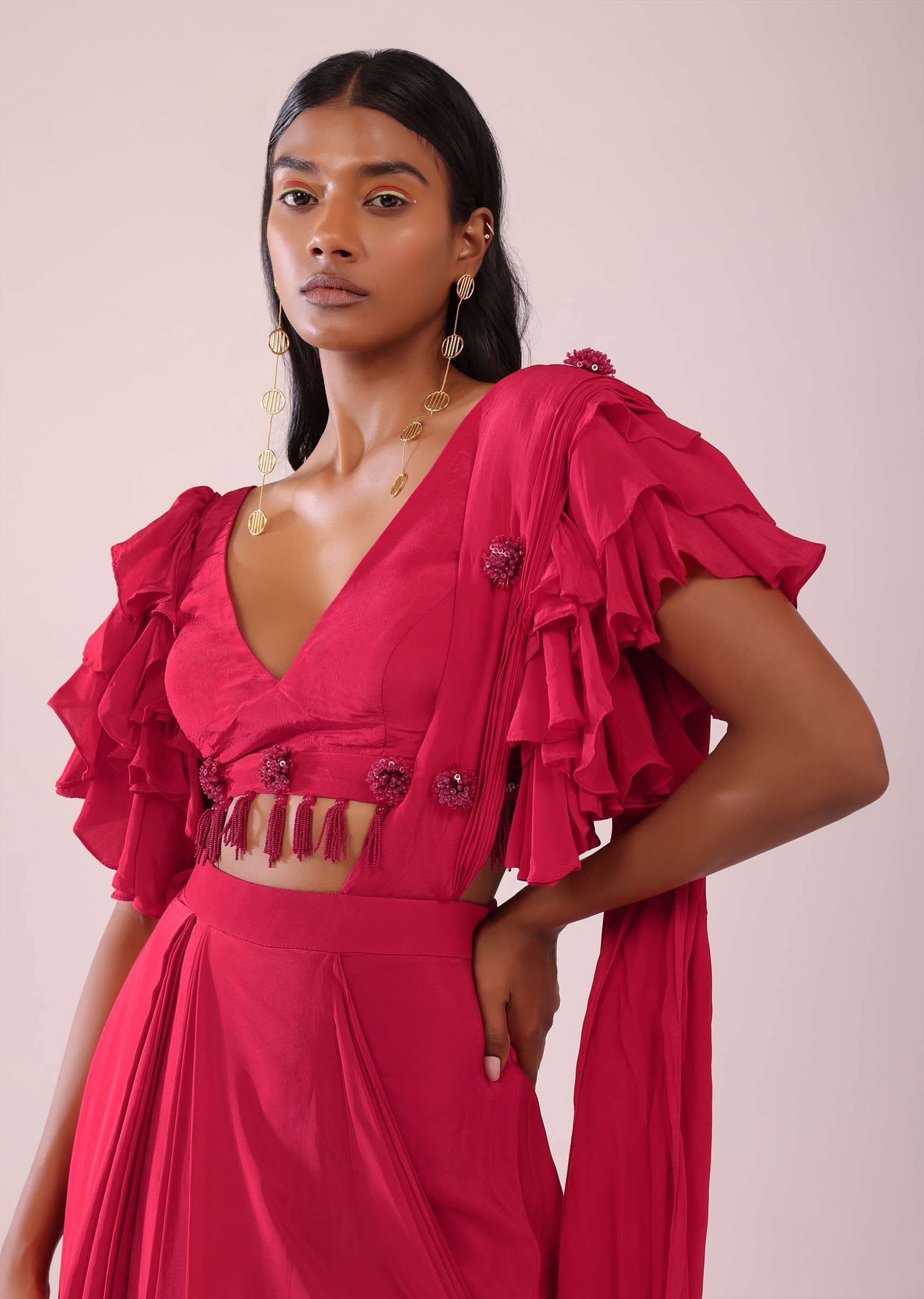 Rani Pink Stitched Drape Saree In Crepe With Tiki And Salli Work - Image 5