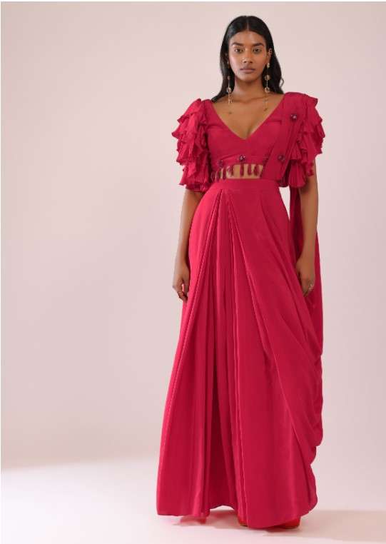 Rani Pink Stitched Drape Saree In Crepe With Tiki And Salli Work - Image 6
