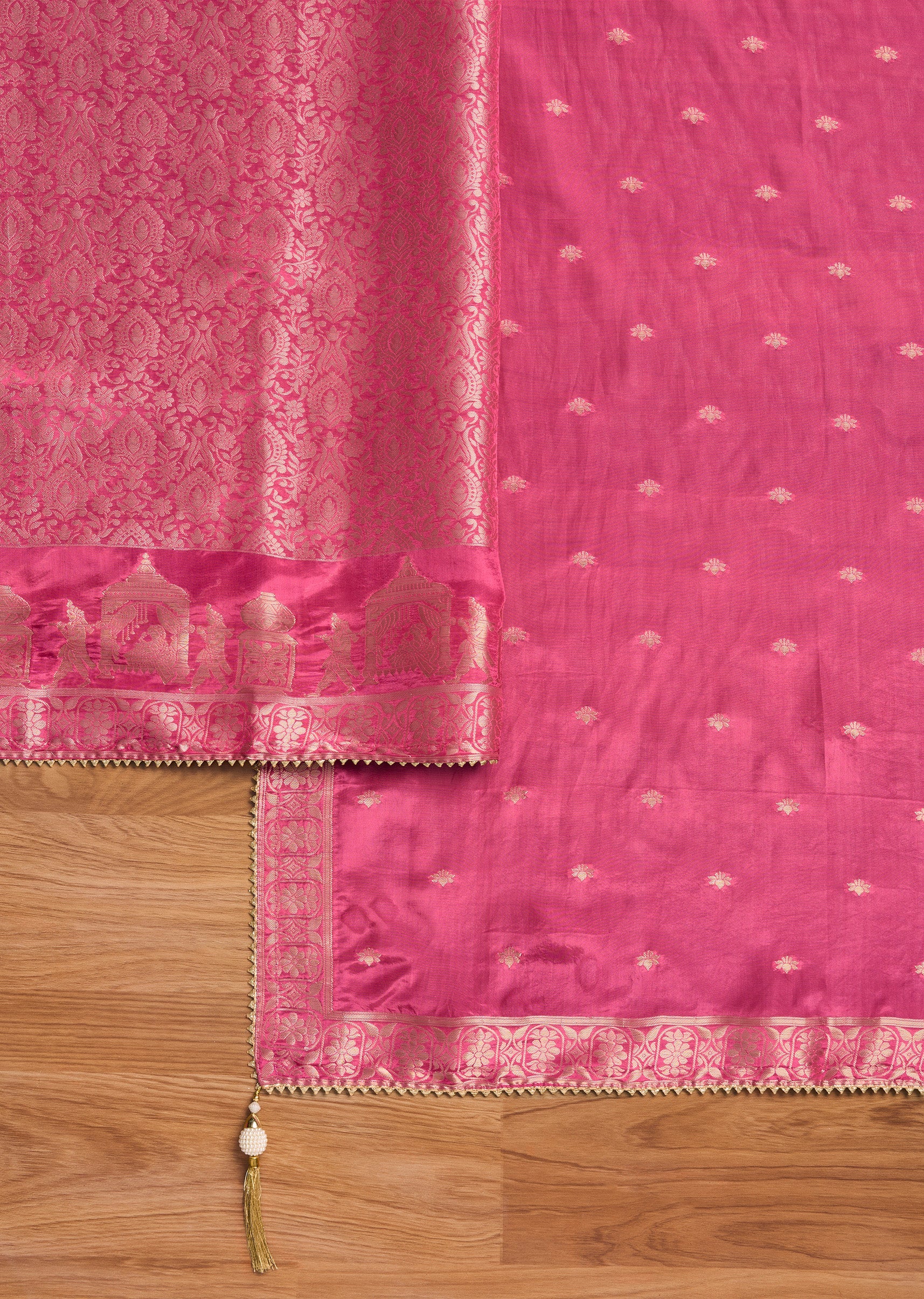 Rani Pink Tissue Brocade Embroidered Unstitched Suit Set - Image 3