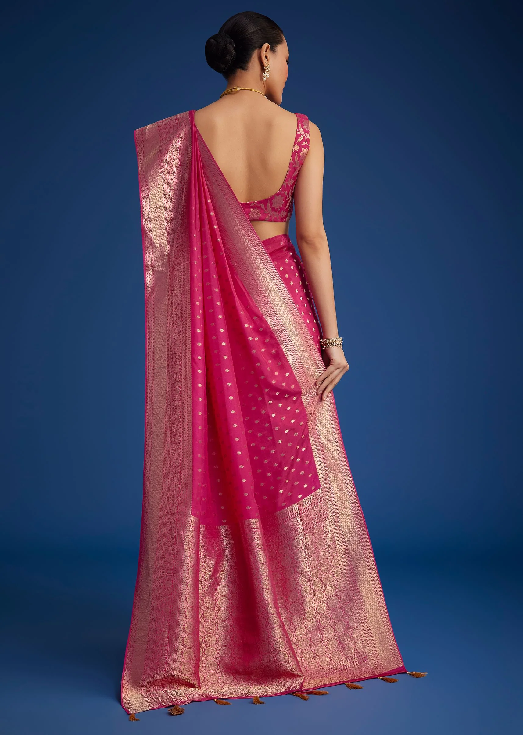 Rani Pink Tissue Silk Ready To Wear Saree With Zari Border And Butti Work - Image 4