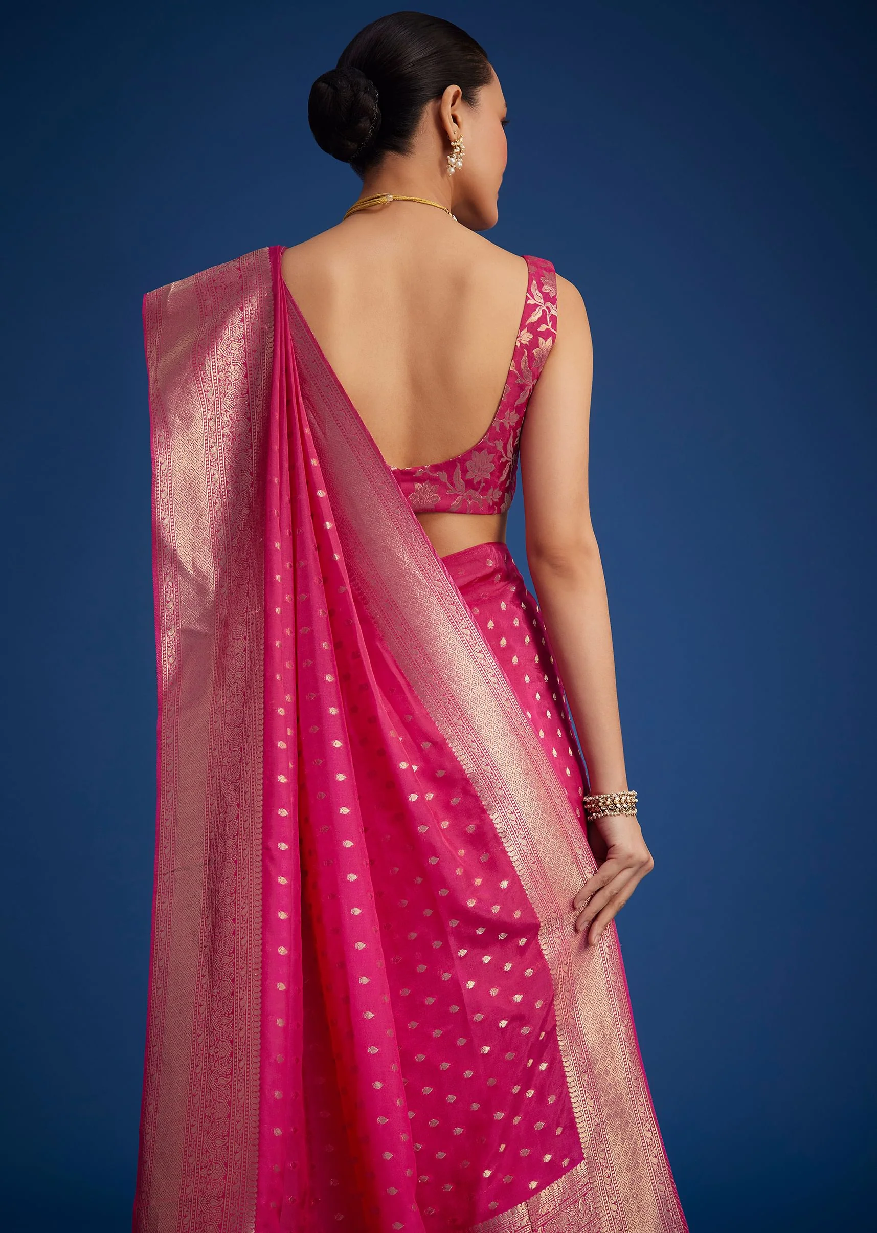 Rani Pink Tissue Silk Saree With Zari Border And Butti Work - Image 6