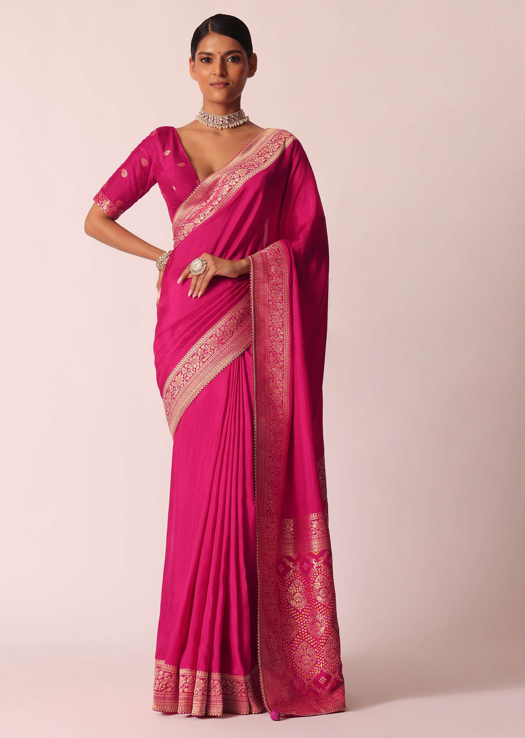 Rani Pink Woven Saree In Silk with Bandhani Detail And Unstitched Blouse Piece - Image 3