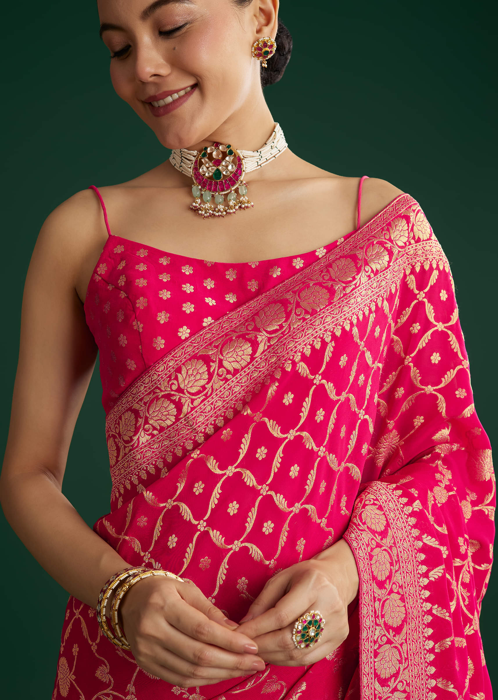 Rani Pink Woven Saree With Jaal Work And Floral Border - Image 5
