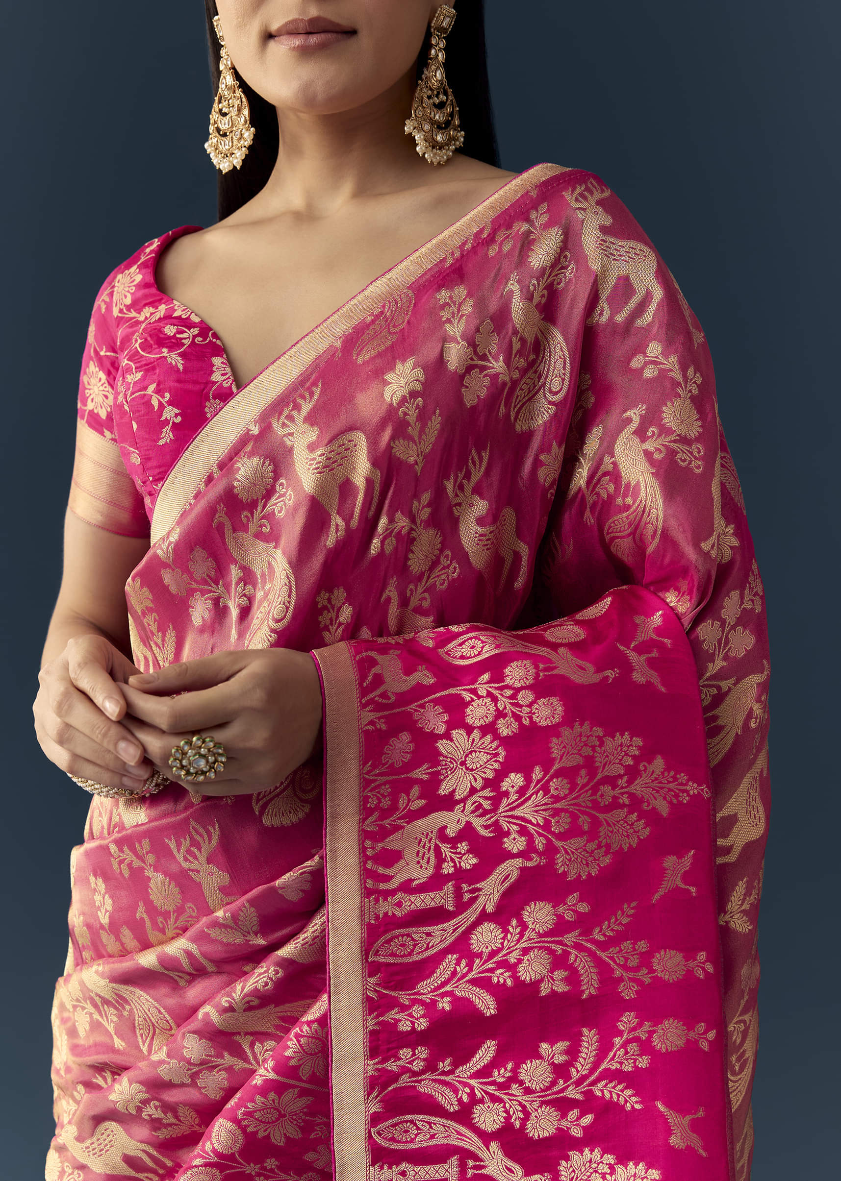 Rani Pink Zari Weave Saree with Brocade Blouse Fabric - Image 2